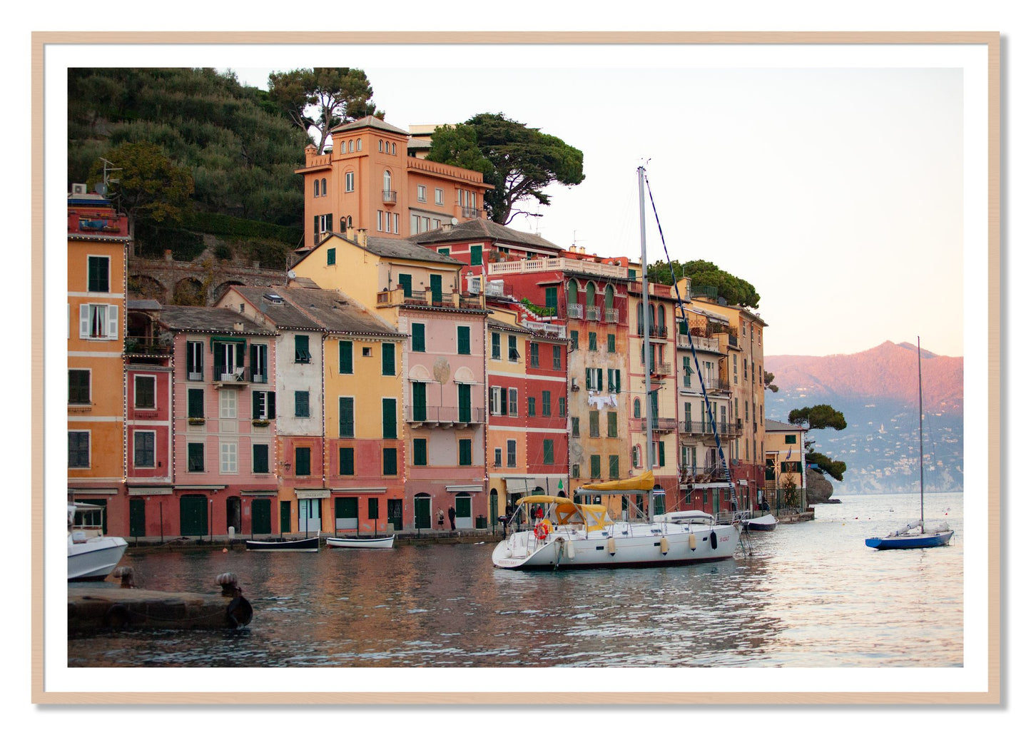Portofino by Dylan Ozanich, 48×72 print with a White Border in a Maple frame