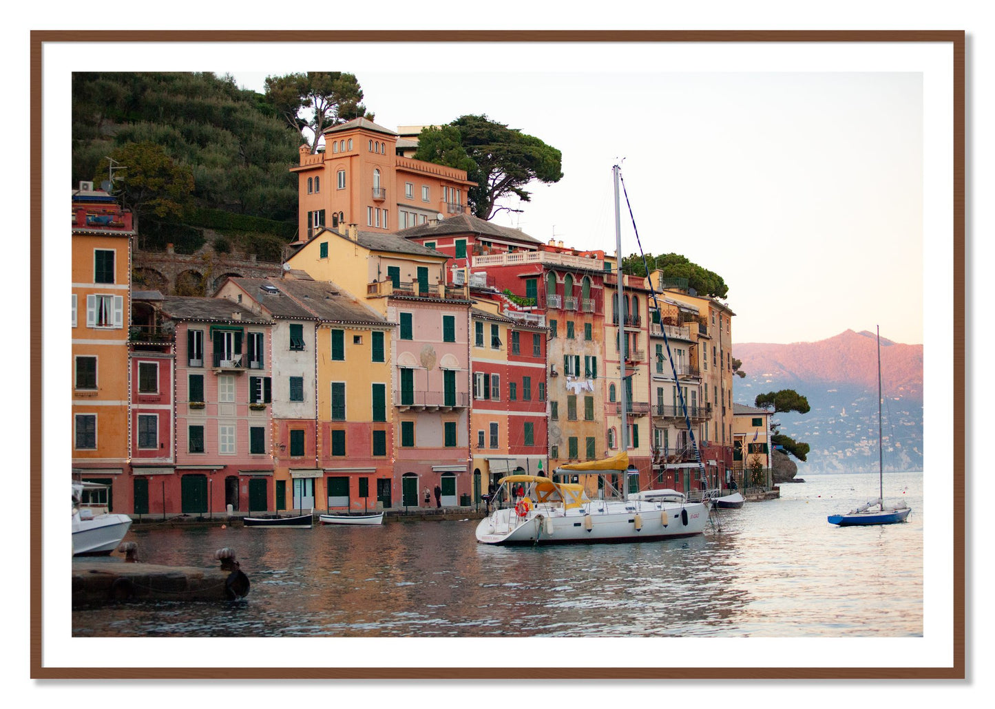 Framed photograph of Portofino by Dylan Ozanich, Walnut frame, Borders
