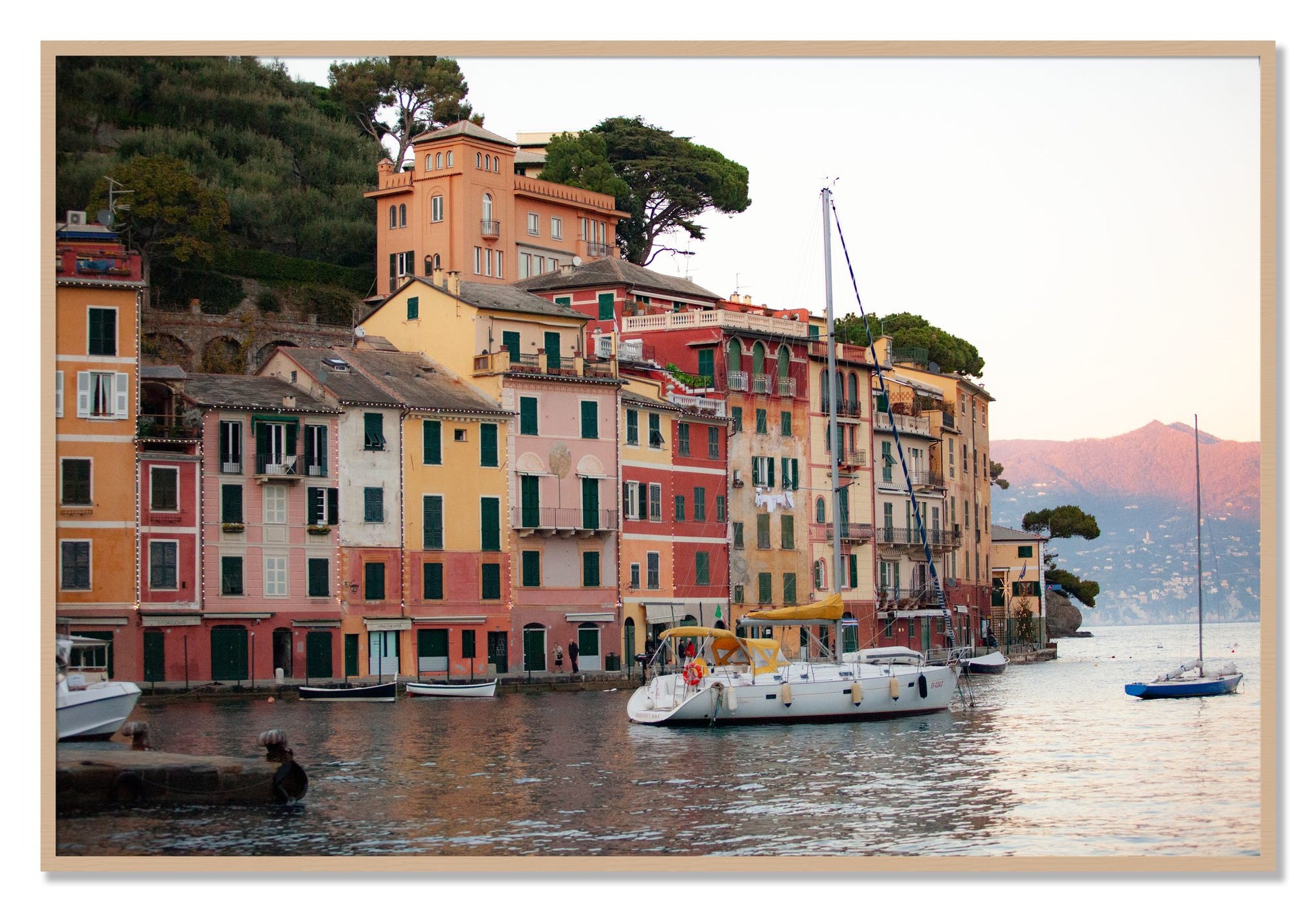 Framed photograph of Portofino by Dylan Ozanich, Oak frame, Full Bleed