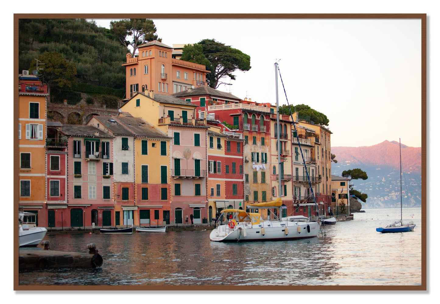 Framed photograph of Portofino by Dylan Ozanich, Walnut frame, Full Bleed