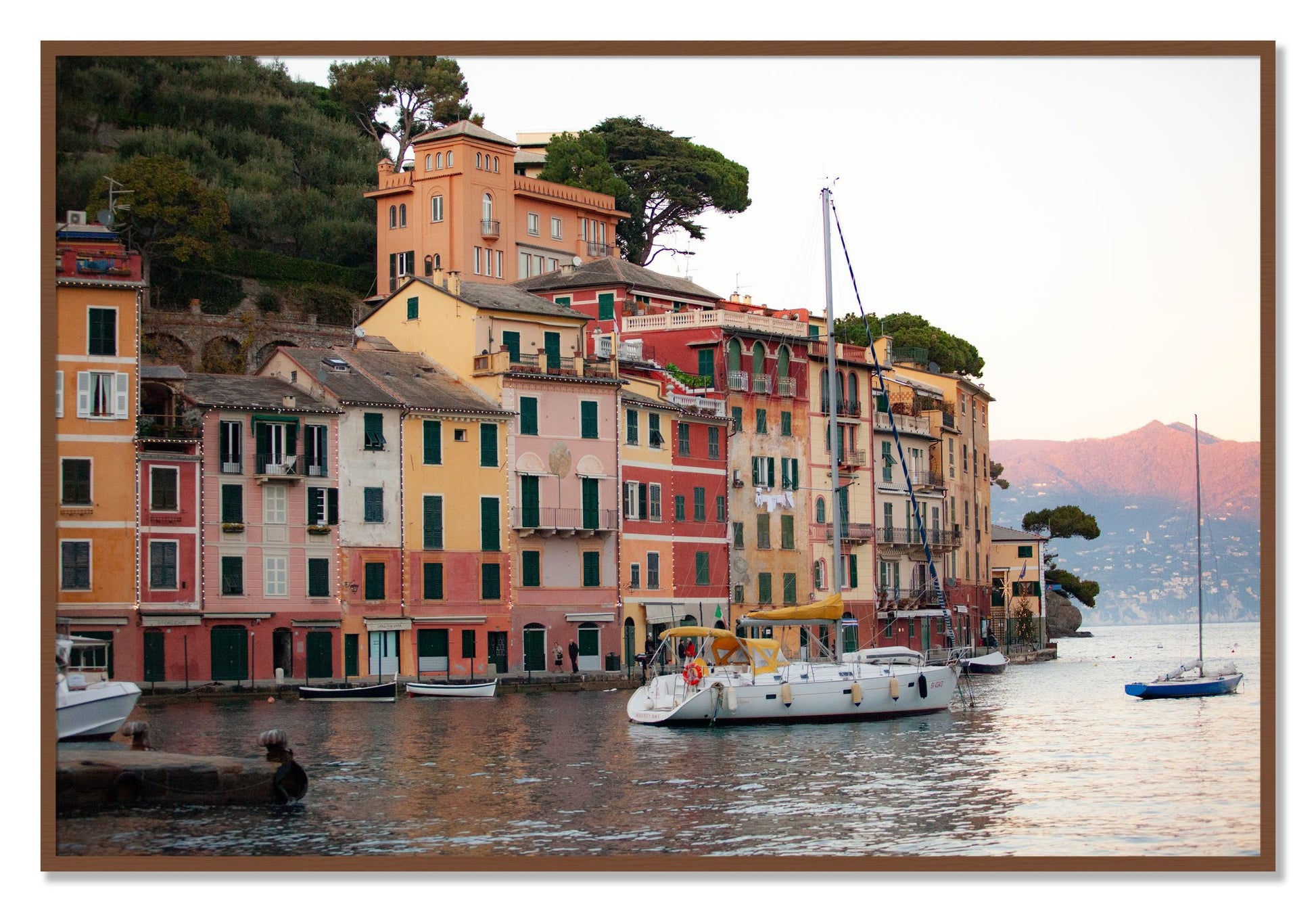 Framed photograph of Portofino by Dylan Ozanich, Walnut frame, Full Bleed