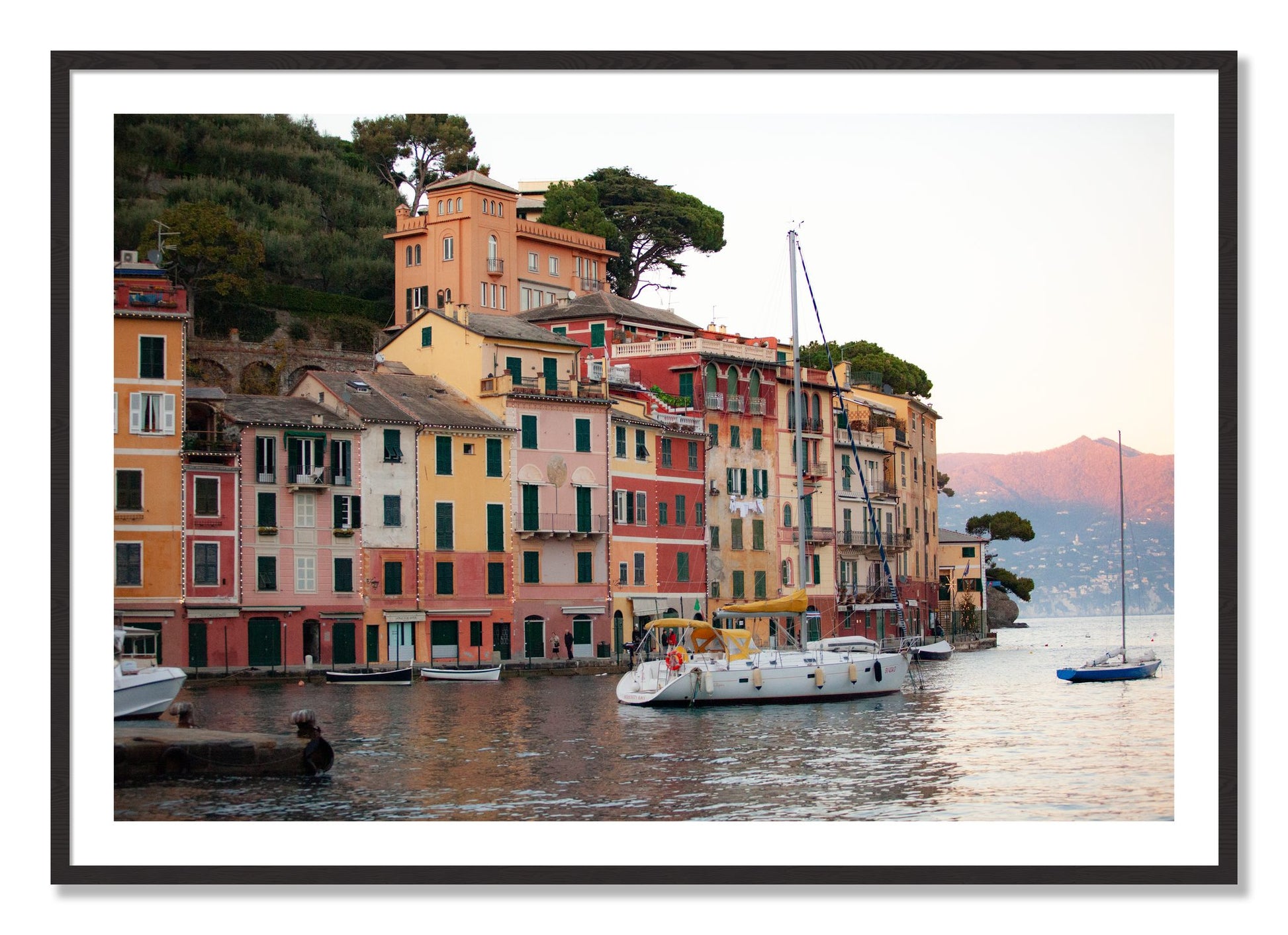 Framed photograph of Portofino by Dylan Ozanich, Black Walnut frame, Borders