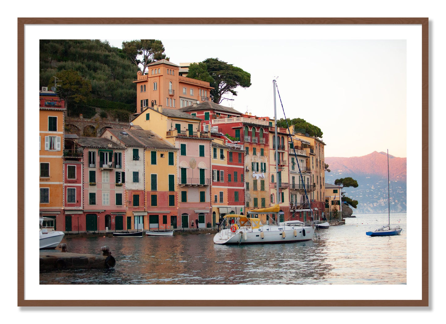 Framed photograph of Portofino by Dylan Ozanich, Walnut frame, Borders