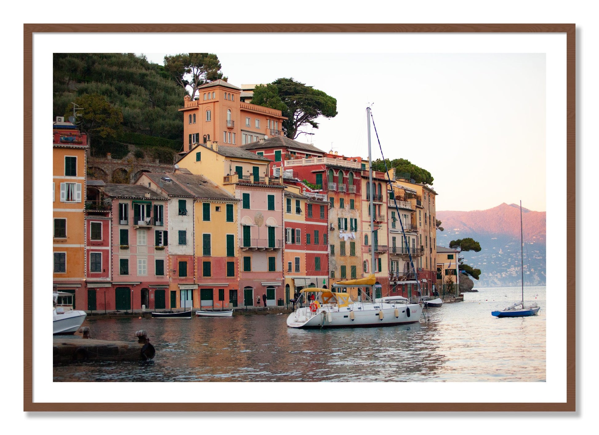 Framed photograph of Portofino by Dylan Ozanich, Walnut frame, Borders