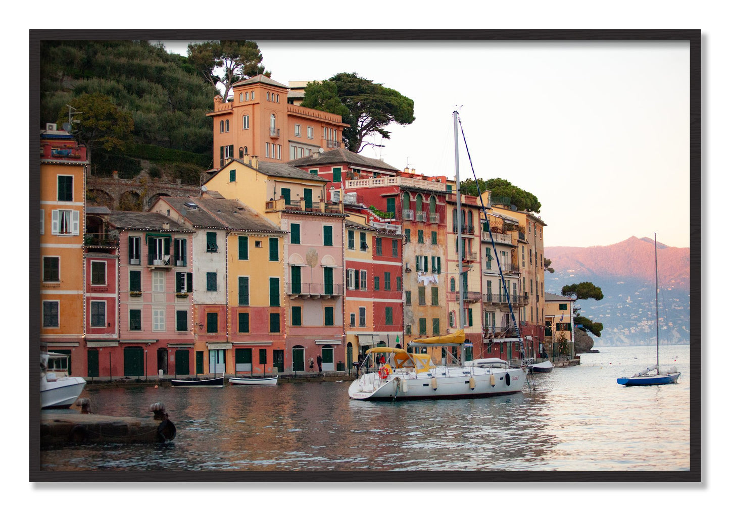 Framed photograph of Portofino by Dylan Ozanich, Black Walnut frame, Full Bleed