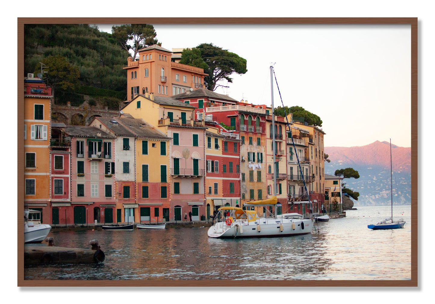 Framed photograph of Portofino by Dylan Ozanich, Walnut frame, Full Bleed