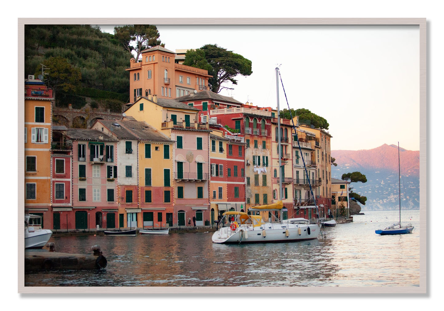 Framed photograph of Portofino by Dylan Ozanich, White Maple frame, Full Bleed