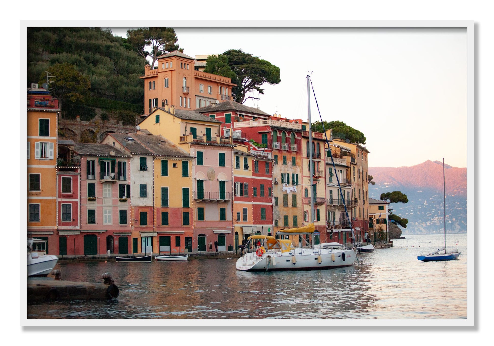 Framed photograph of Portofino by Dylan Ozanich, White frame, Full Bleed