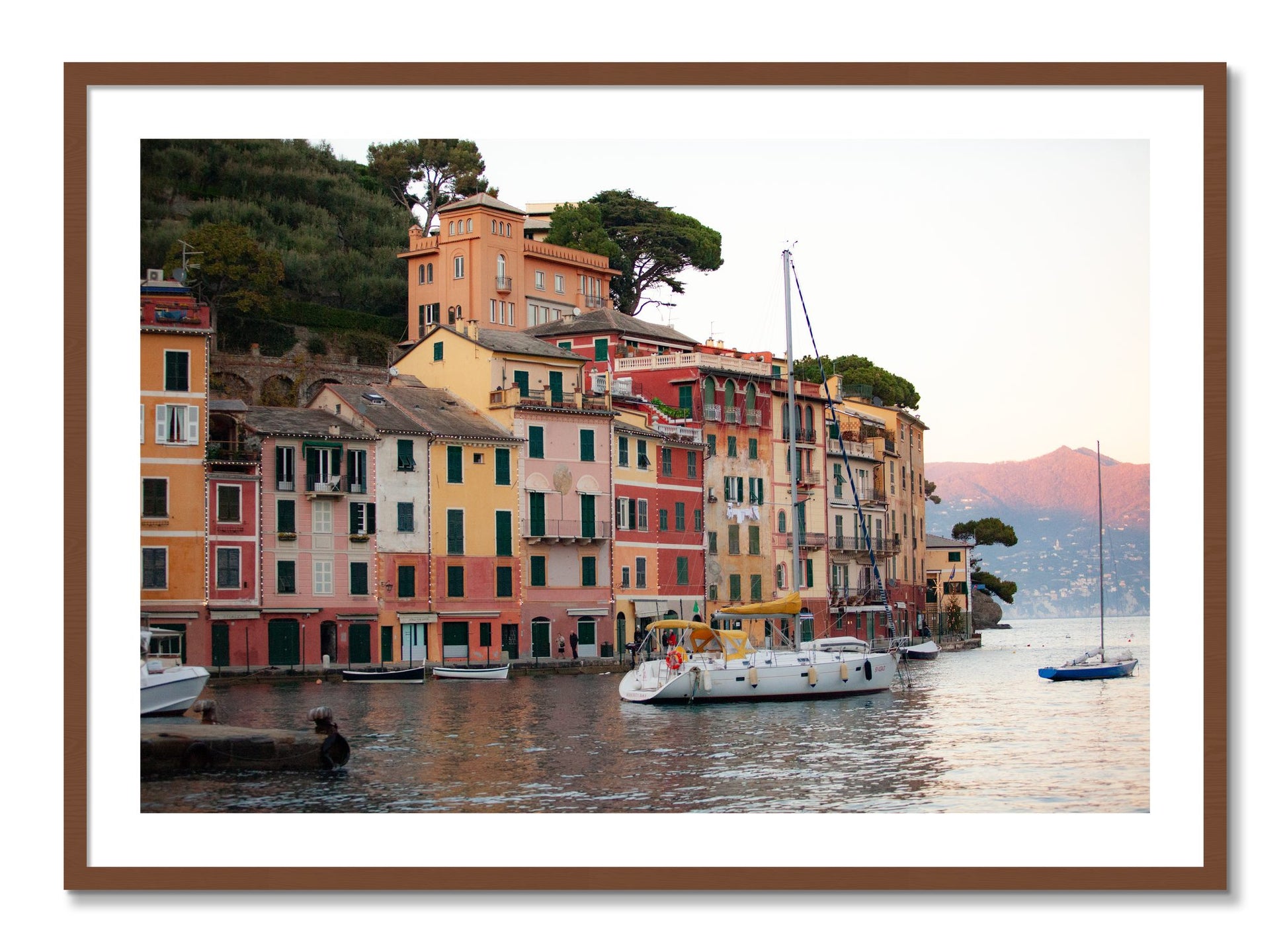 Framed photograph of Portofino by Dylan Ozanich, Walnut frame, Borders