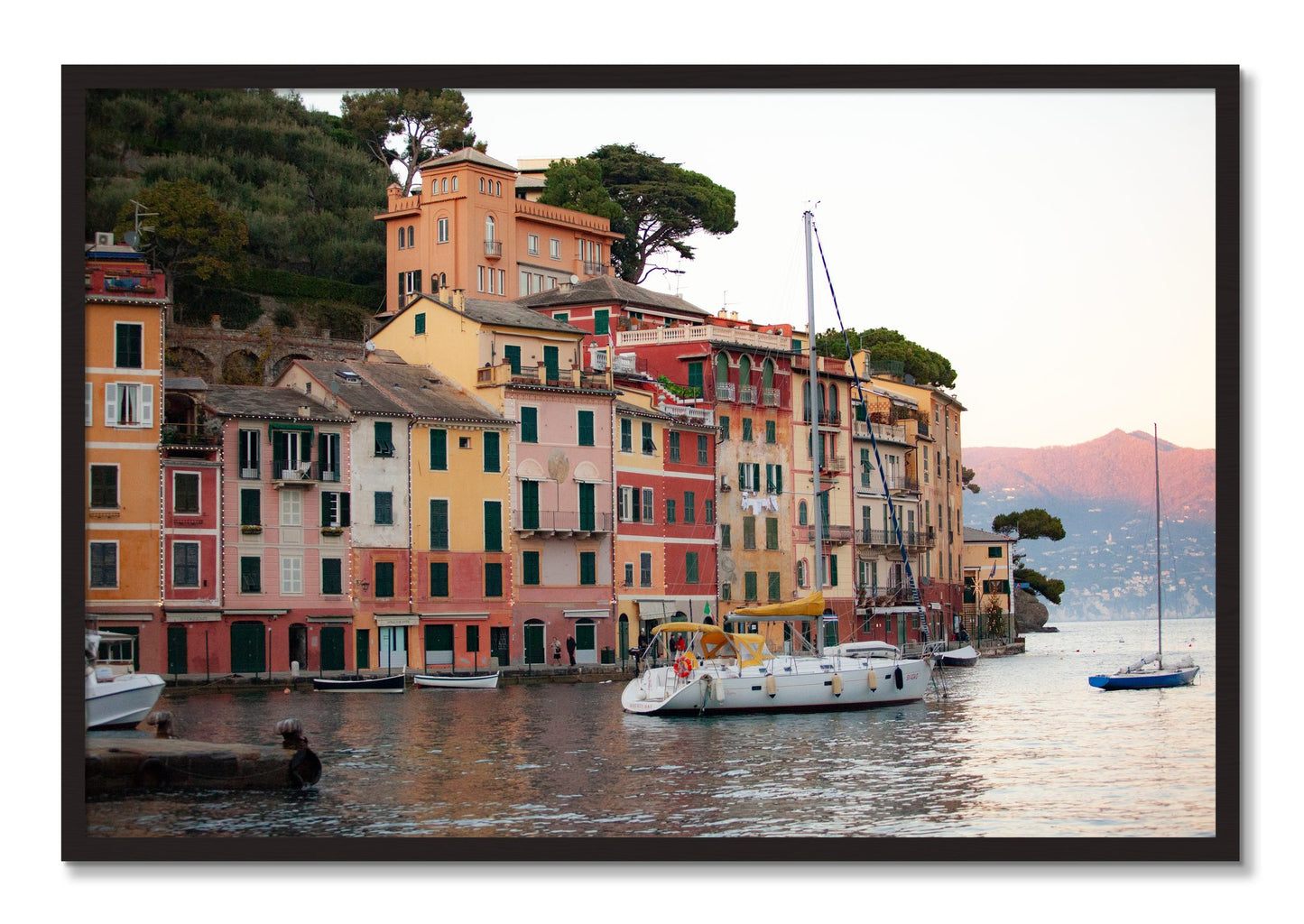 Framed photograph of Portofino by Dylan Ozanich, Black Walnut frame, Full Bleed