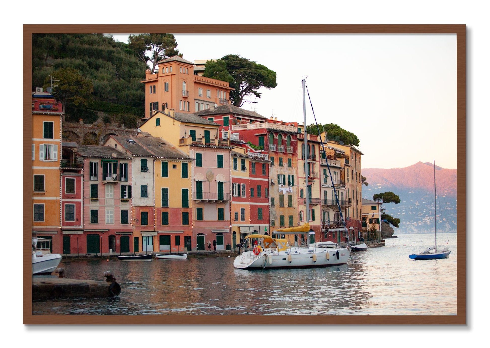Framed photograph of Portofino by Dylan Ozanich, Walnut frame, Full Bleed