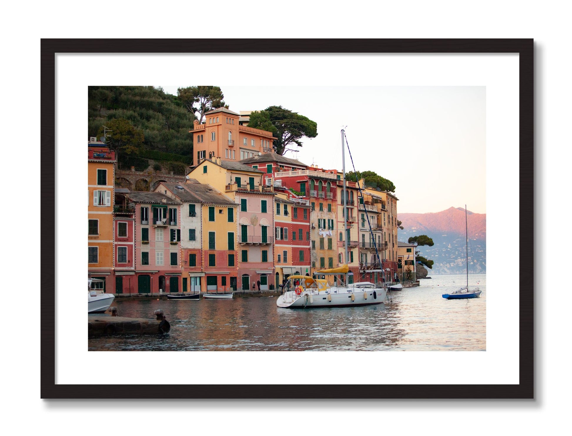 Framed photograph of Portofino by Dylan Ozanich, Black Walnut frame, Borders