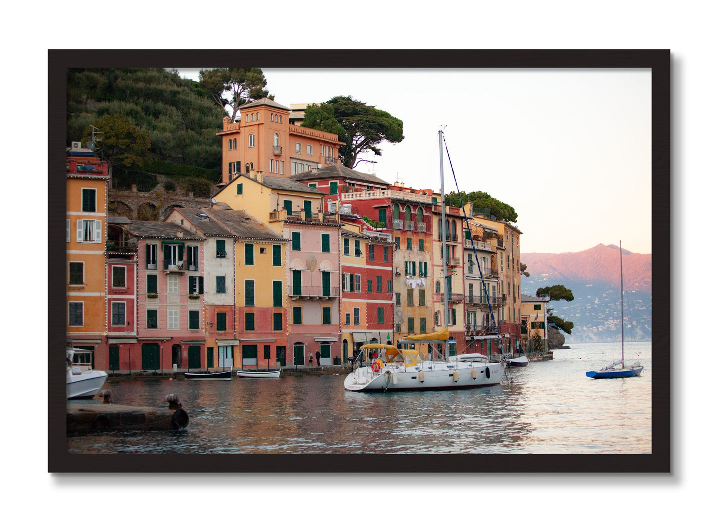 Framed photograph of Portofino by Dylan Ozanich, Black Walnut frame, Full Bleed