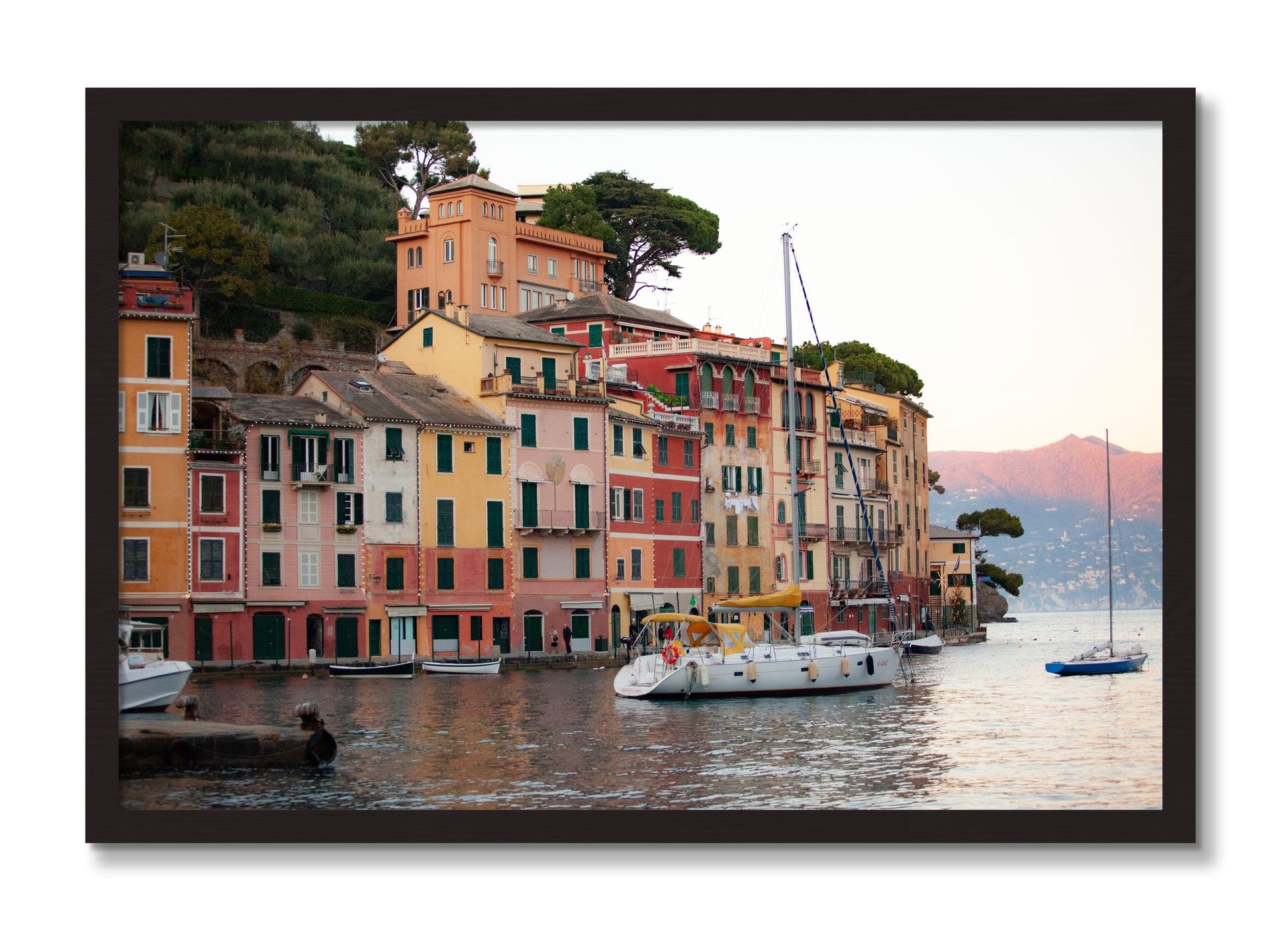 Framed photograph of Portofino by Dylan Ozanich, Black Walnut frame, Full Bleed