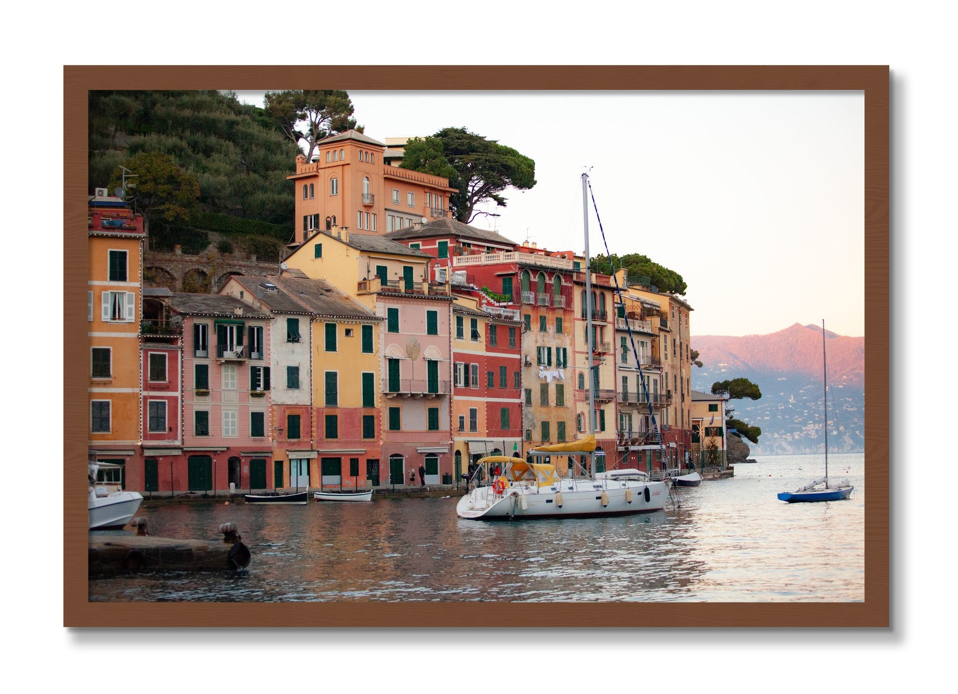 Framed photograph of Portofino by Dylan Ozanich, Walnut frame, Full Bleed