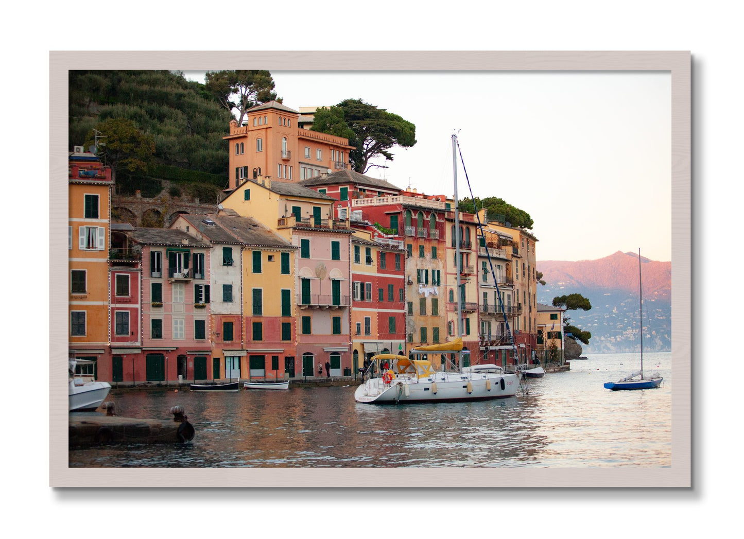 Framed photograph of Portofino by Dylan Ozanich, White Maple frame, Full Bleed