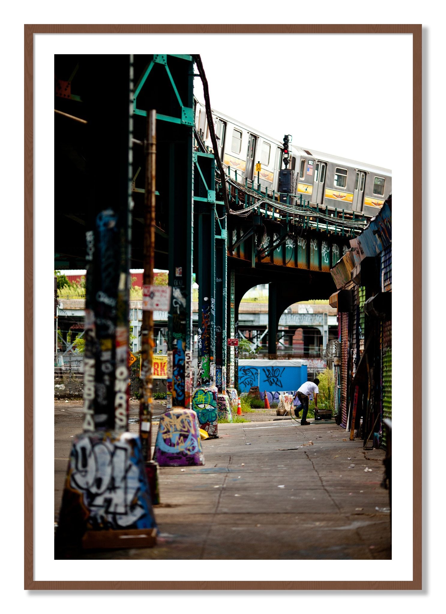 Framed photograph of Queens by Dylan Ozanich, Walnut frame, Borders