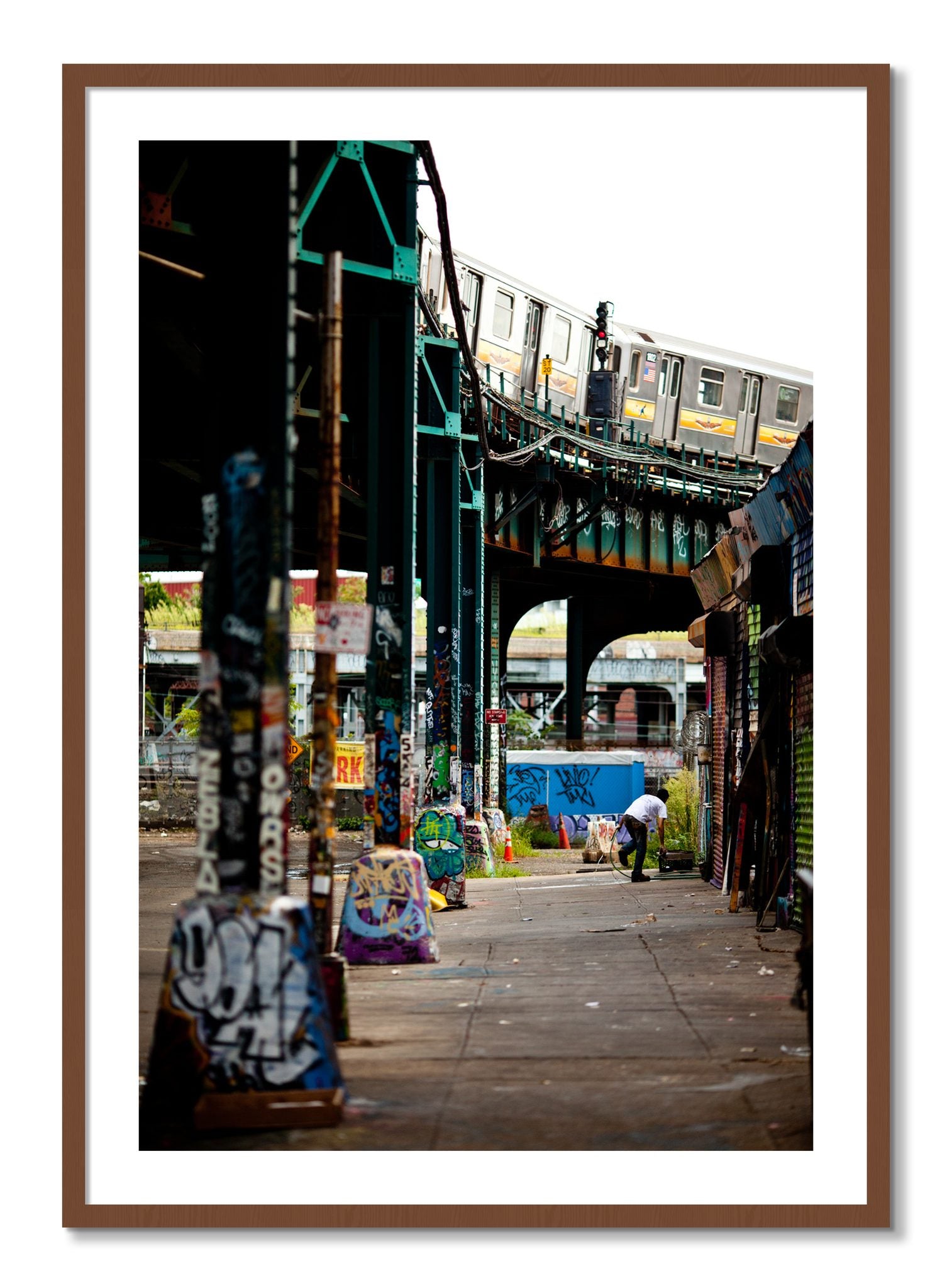 Framed photograph of Queens by Dylan Ozanich, Walnut frame, Borders