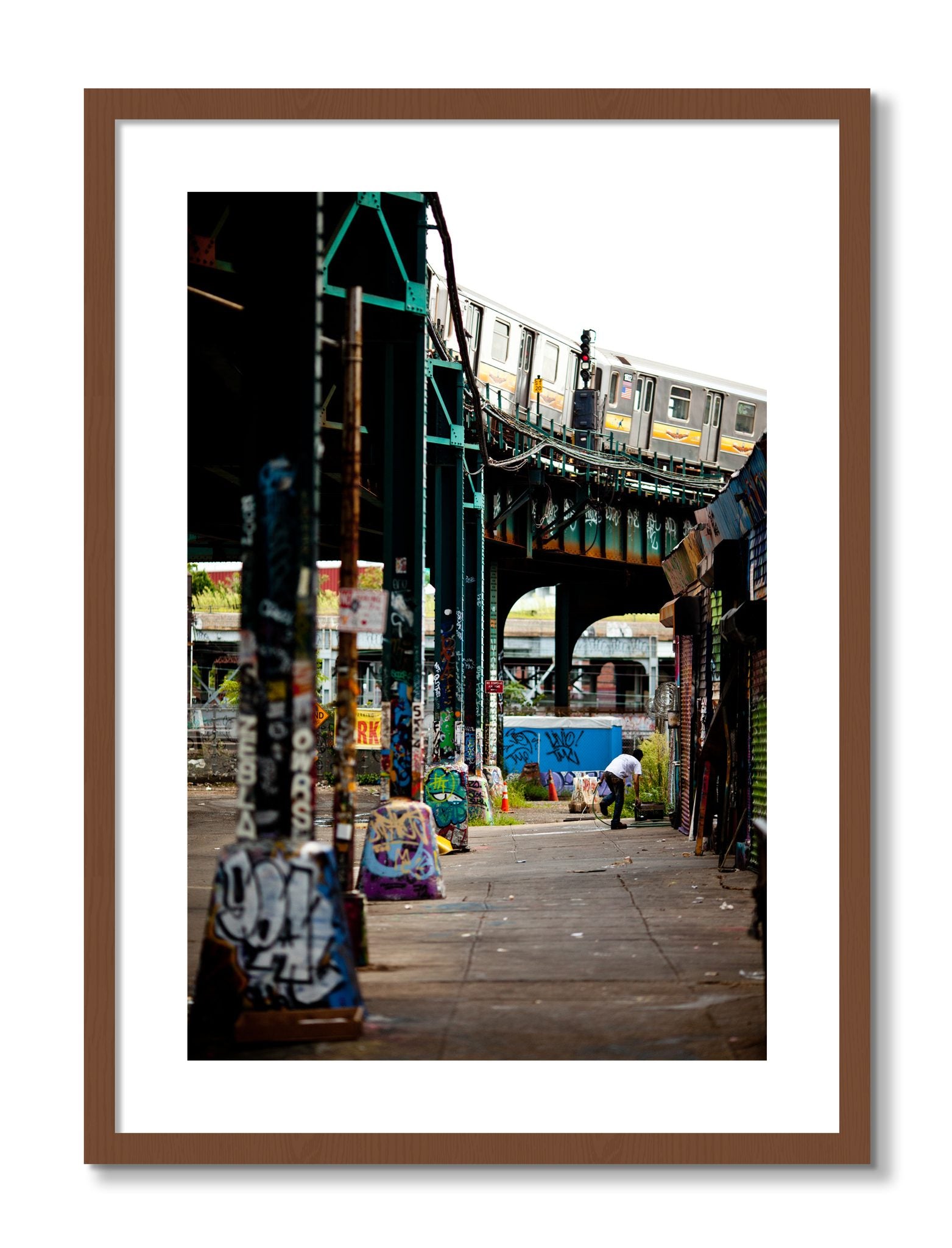 Framed photograph of Queens by Dylan Ozanich, Walnut frame, Borders