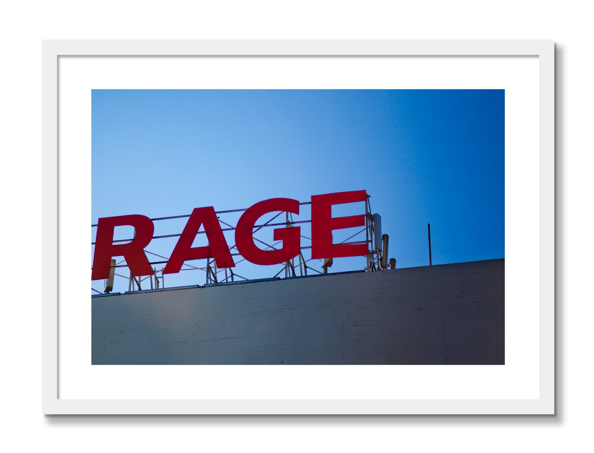 Framed photograph of Rage by Dylan Ozanich, White frame, Borders
