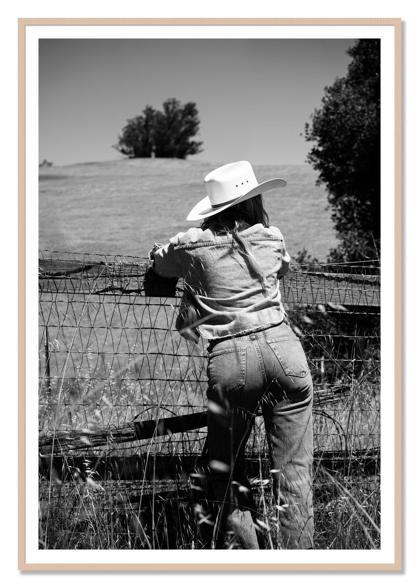 Ranch Days by Dylan Ozanich, 48×72 print with a White Border in a Maple frame