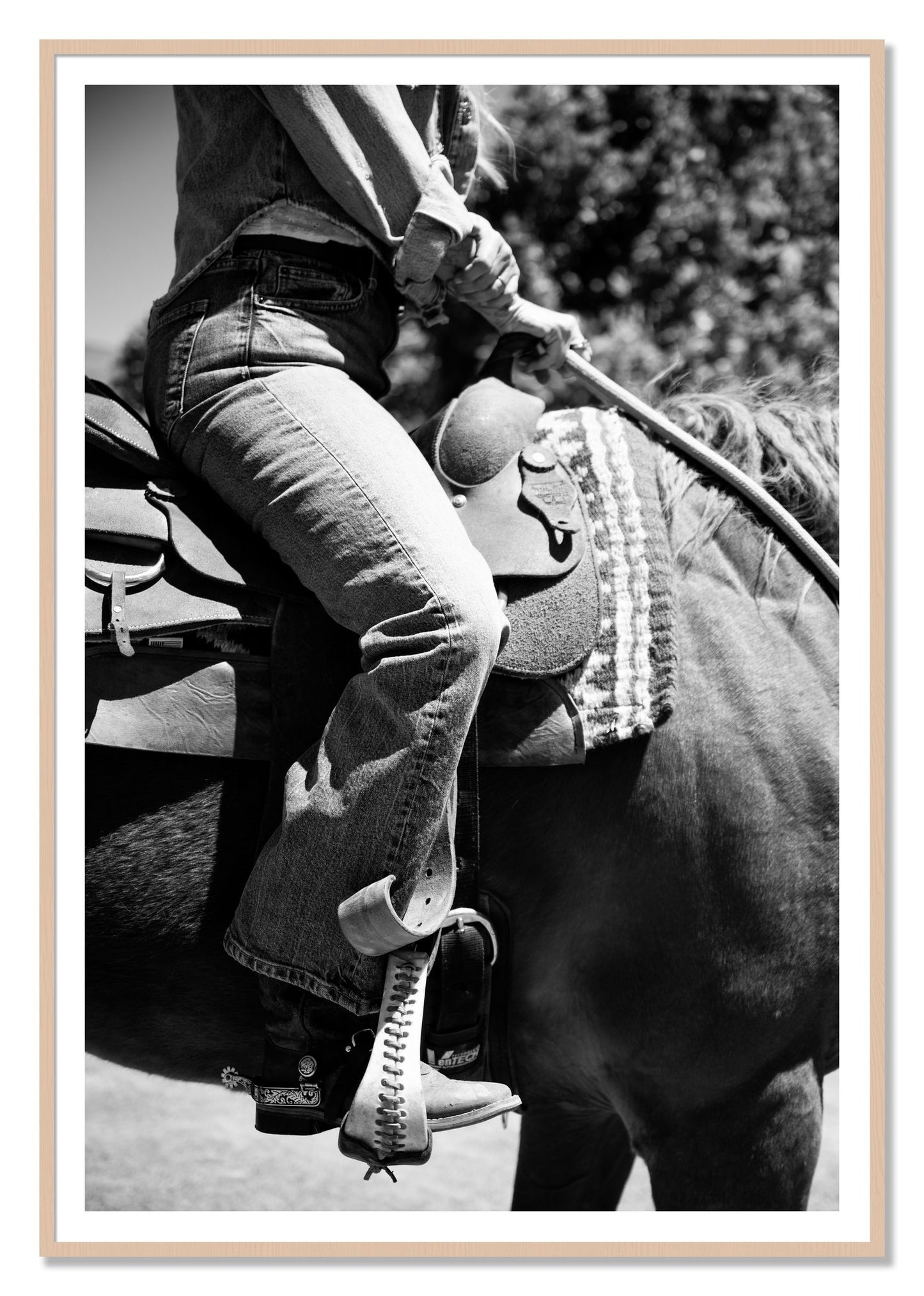 Ready To Ride by Dylan Ozanich, 48×72 print with a White Border in a Maple frame