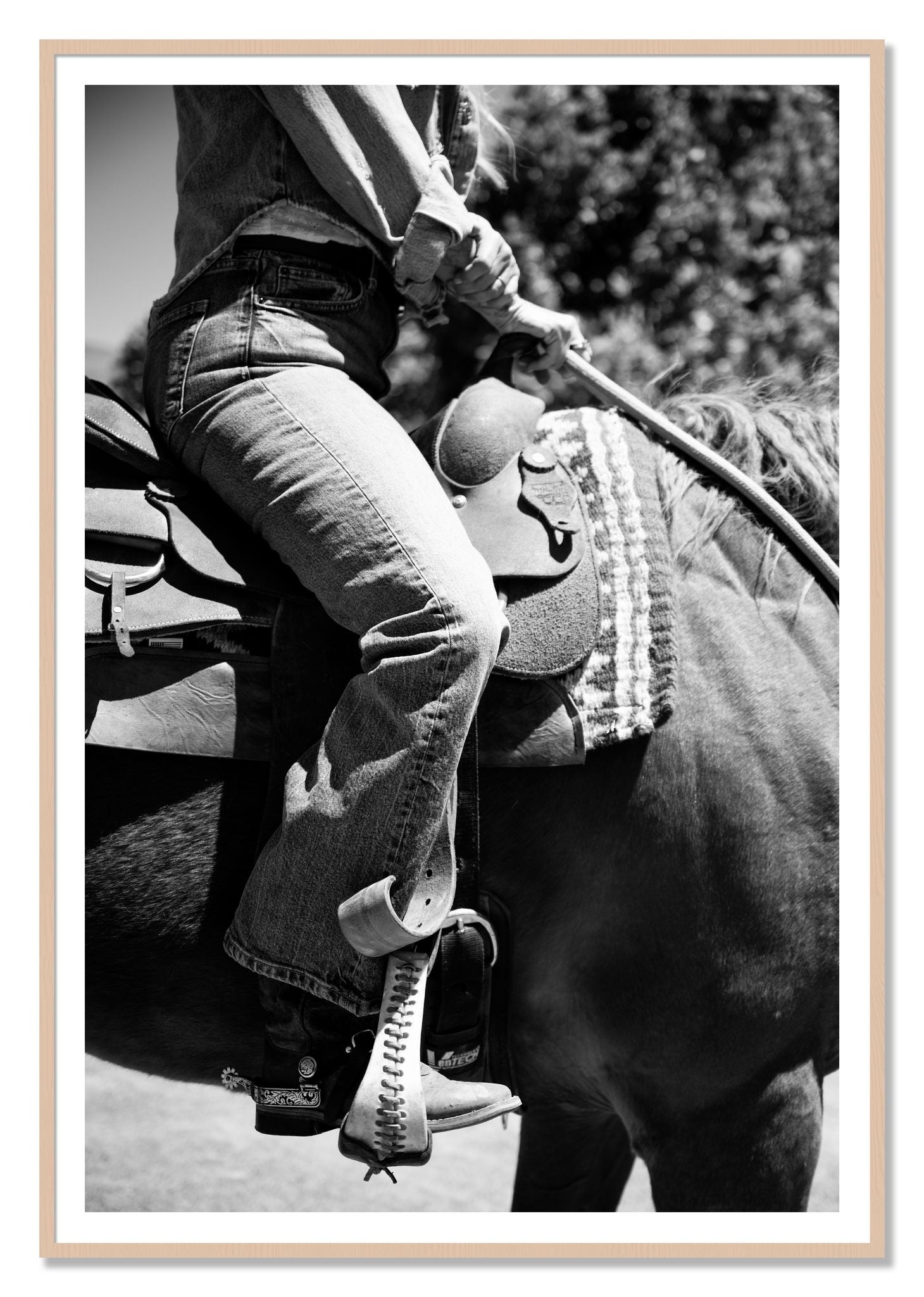 Ready To Ride by Dylan Ozanich, 48×72 print with a White Border in a Maple frame