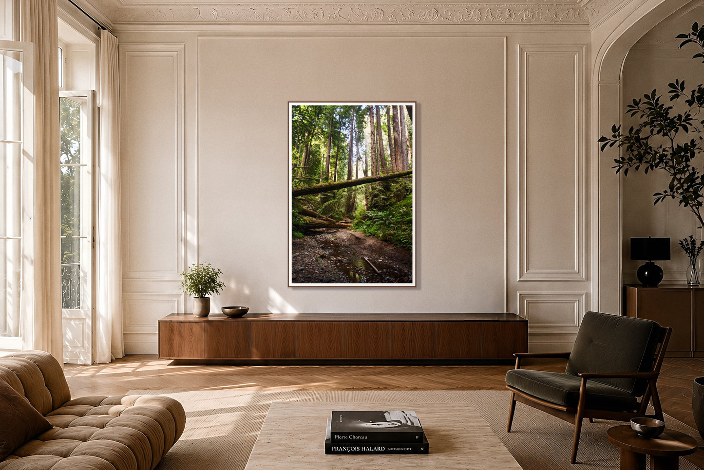 Redwoods California by Dylan Ozanich in a Walnut frame, on a paneled wall above a walnut credenza in a Parisian apartment
