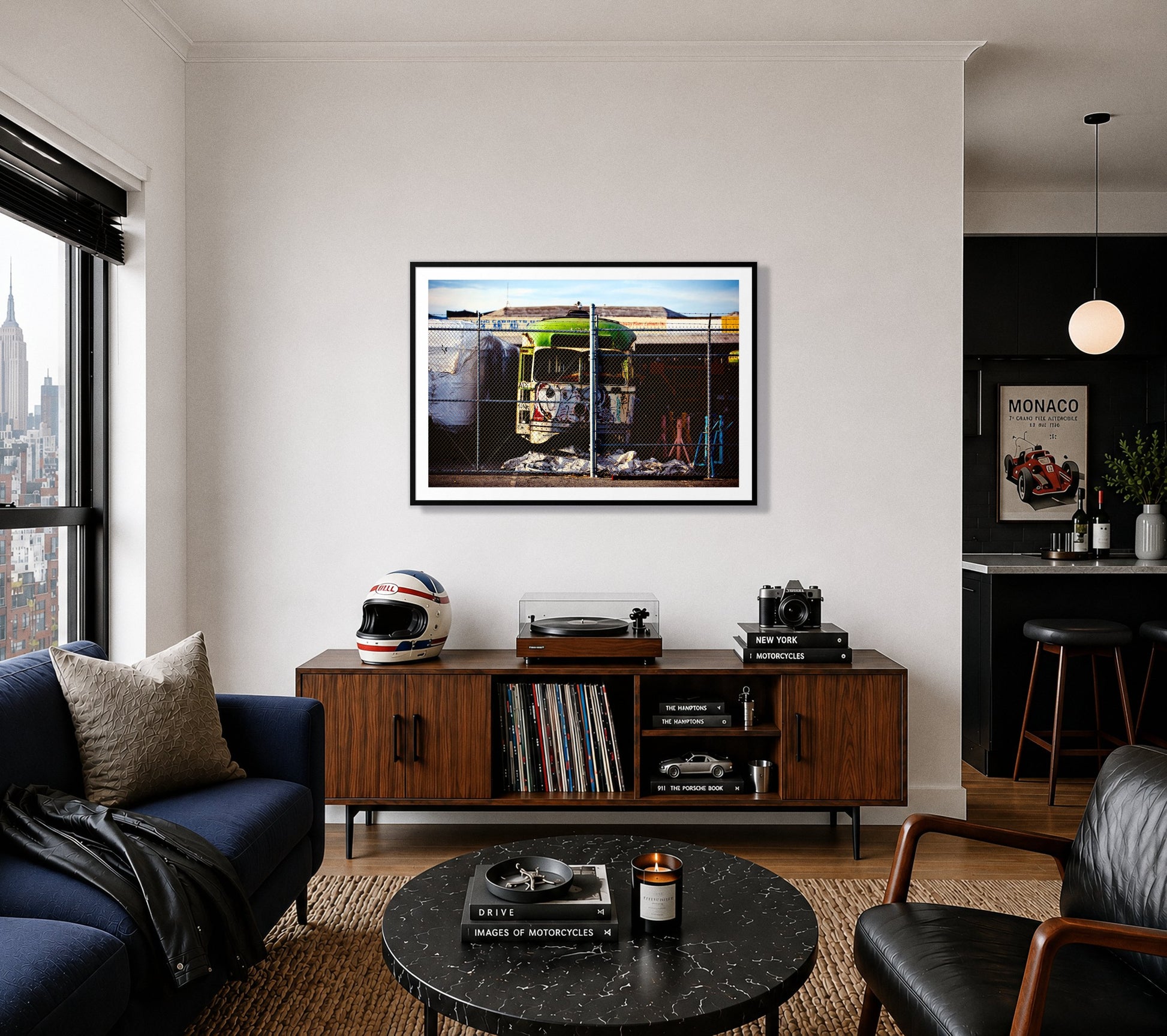 Retired by Dylan Ozanich in a Black frame, above a record console in a city apartment with a turntable and vintage helmet