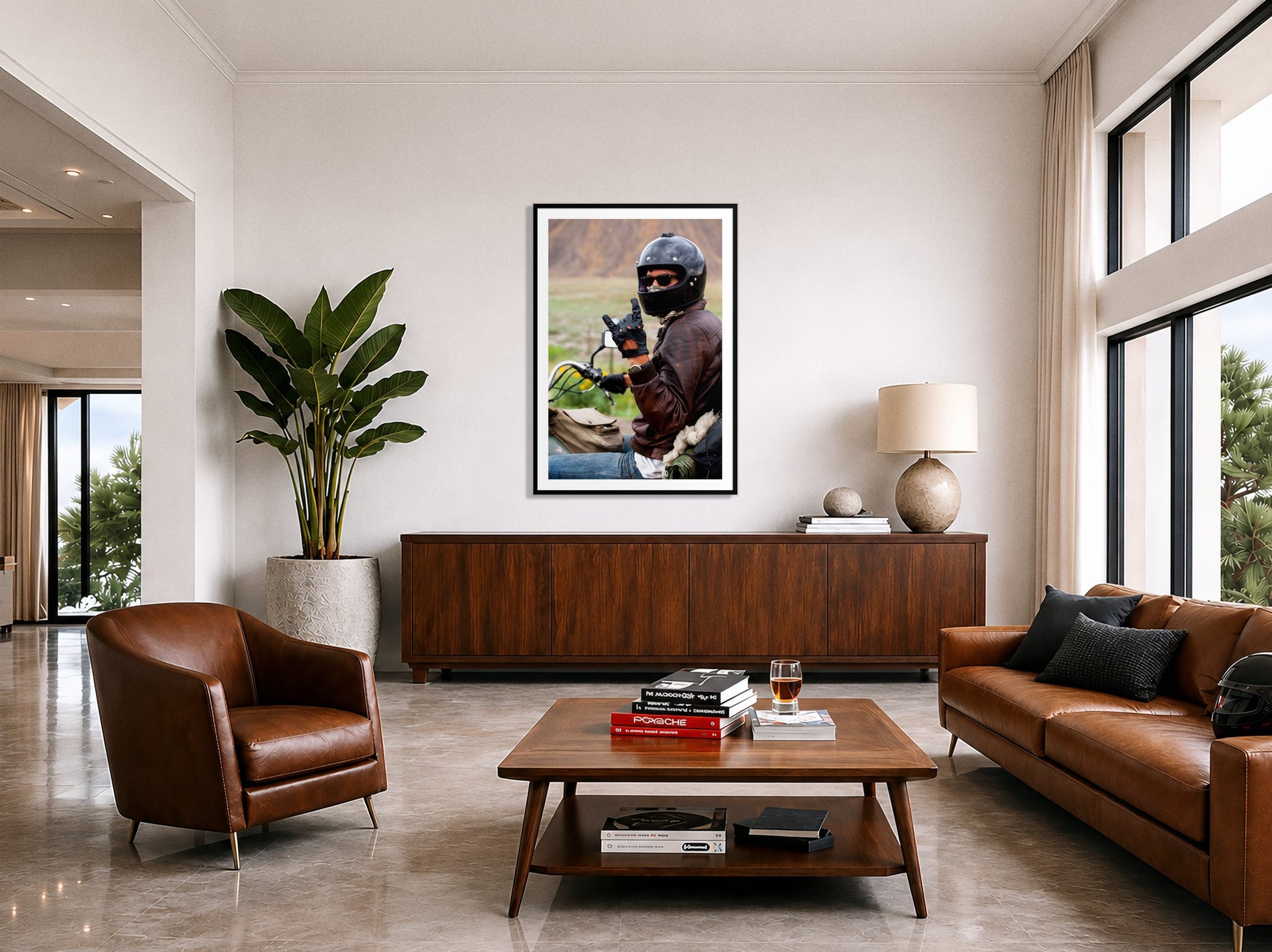 Rock And Roll by Dylan Ozanich in a Black frame, above a walnut credenza in a modern living room with polished stone floors