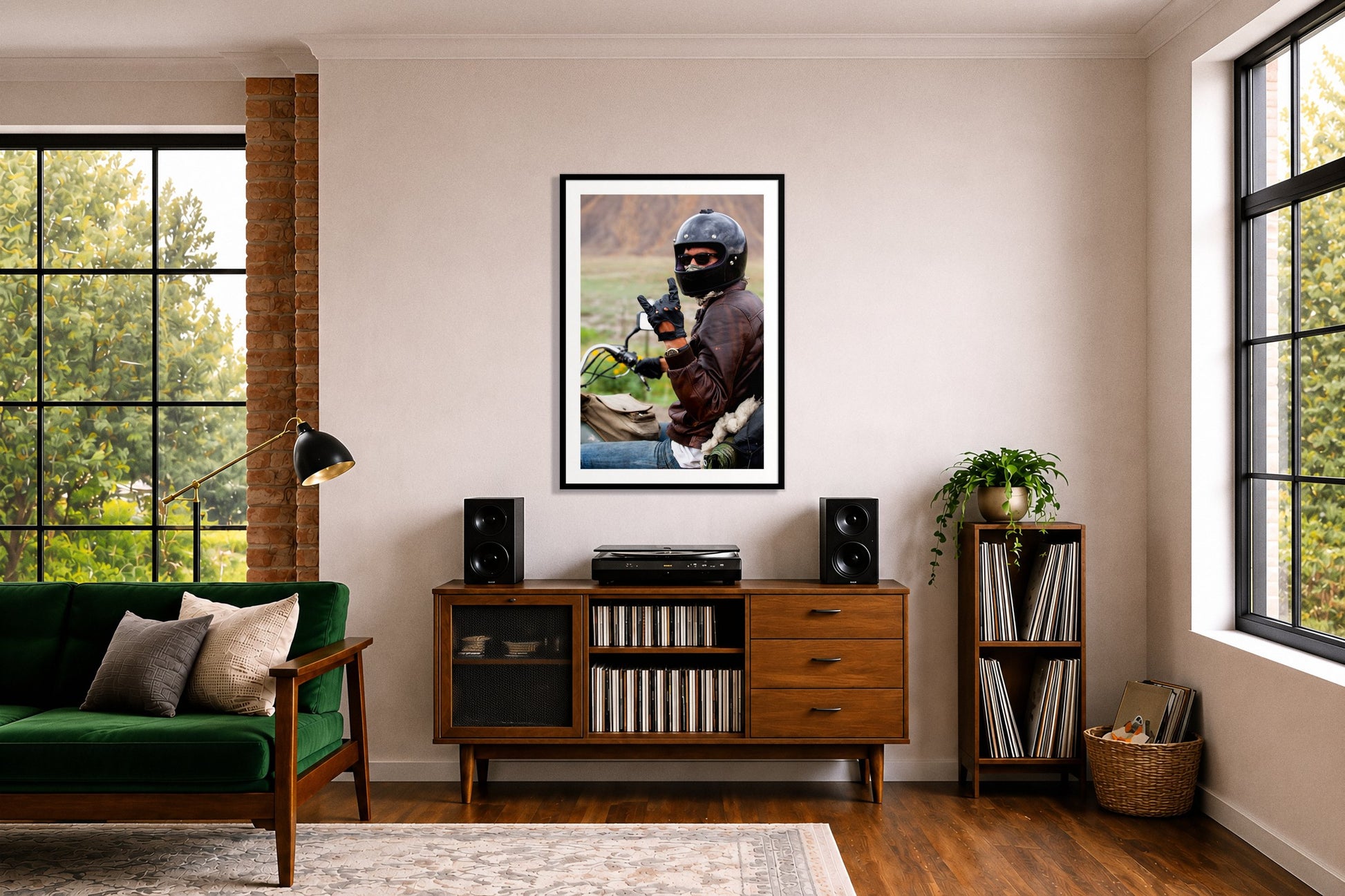 Rock And Roll by Dylan Ozanich in a Black frame, above a record credenza in a listening room with a green velvet sofa