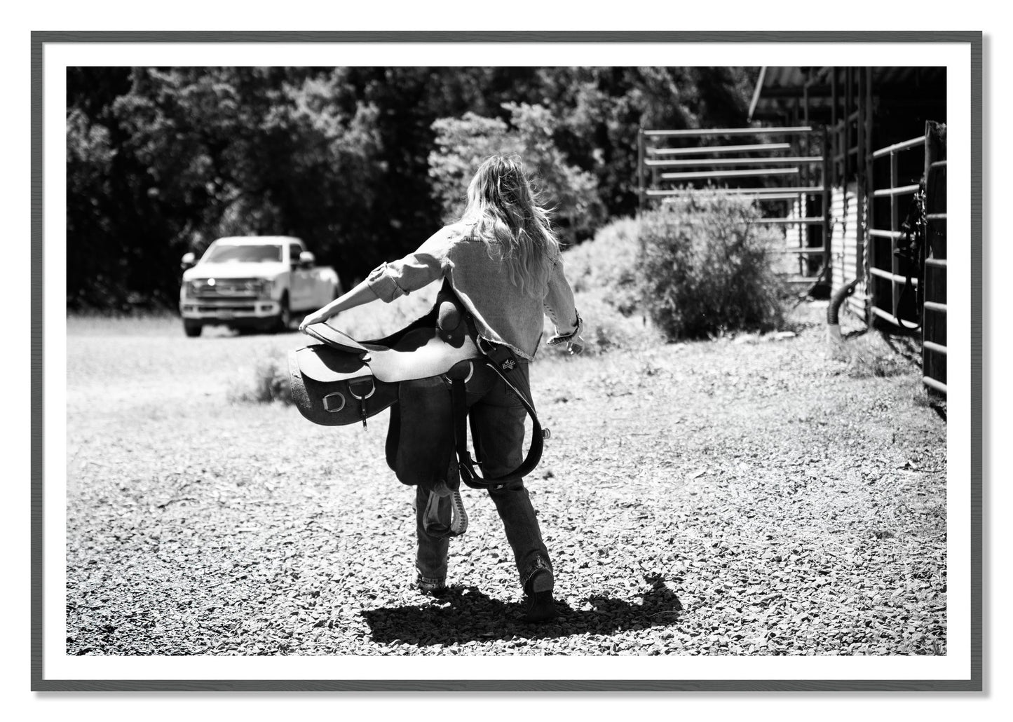 Saddle Up by Dylan Ozanich, 48×72 print with a White Border in a Grey frame
