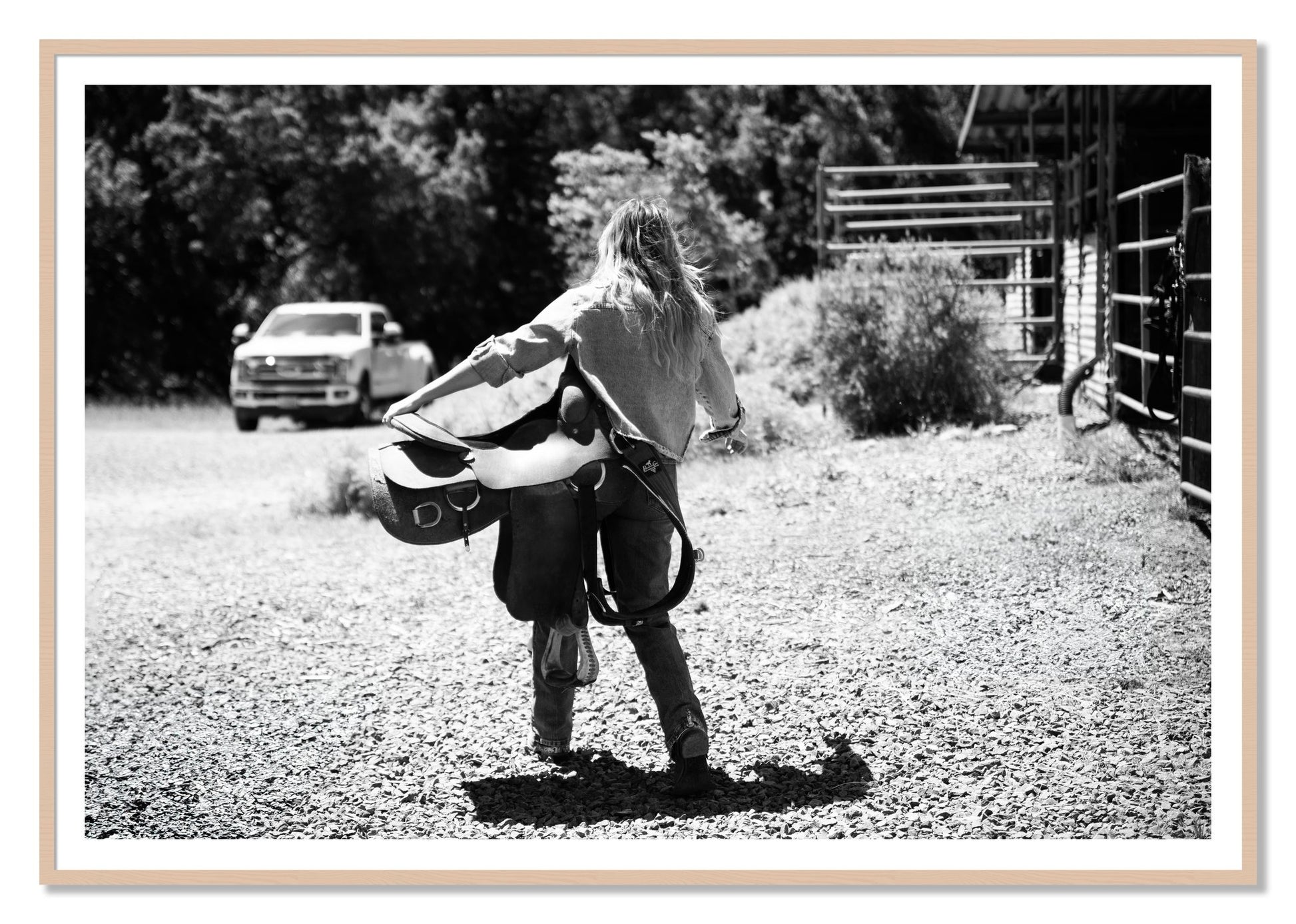 Saddle Up by Dylan Ozanich, 48×72 print with a White Border in a Maple frame