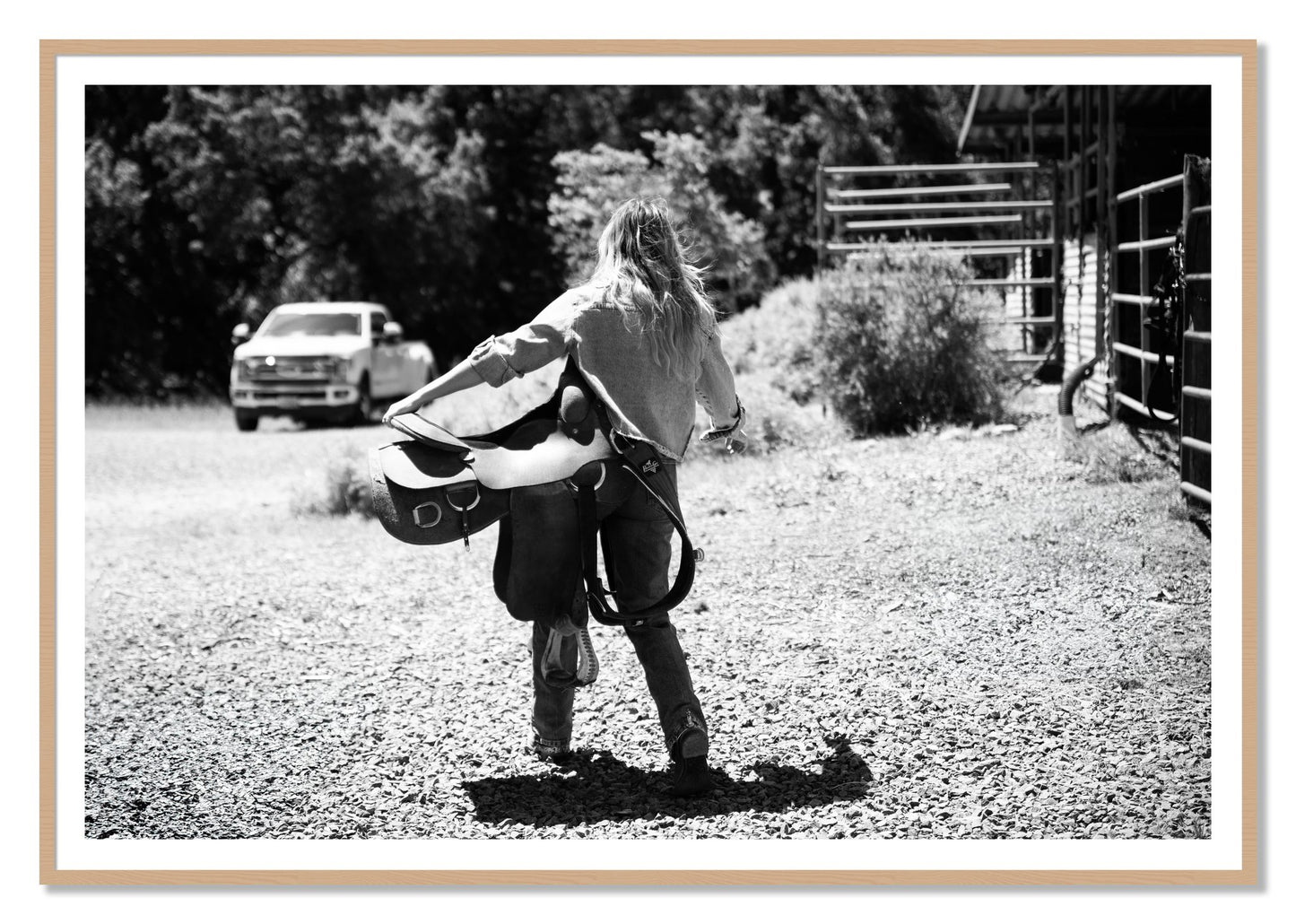 Saddle Up by Dylan Ozanich, 48×72 print with a White Border in an Oak frame