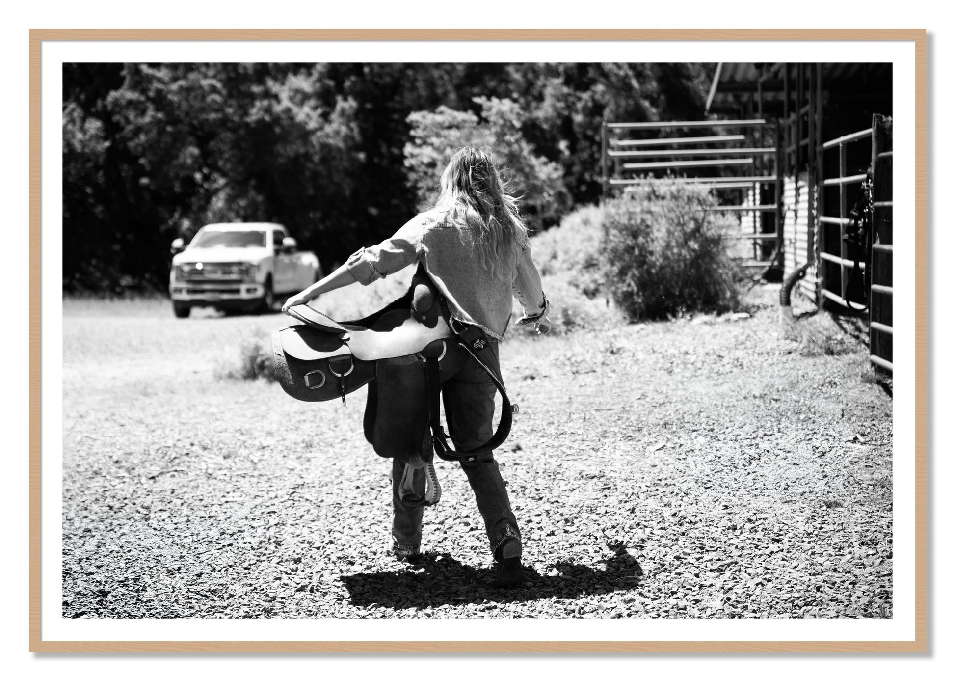 Saddle Up by Dylan Ozanich, 48×72 print with a White Border in an Oak frame