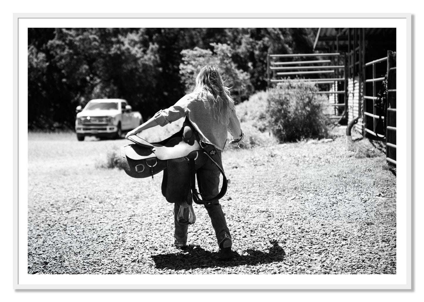 Saddle Up by Dylan Ozanich, 48×72 print with a White Border in a White frame