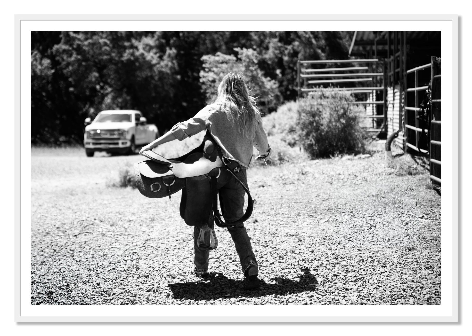 Saddle Up by Dylan Ozanich, 48×72 print with a White Border in a White frame