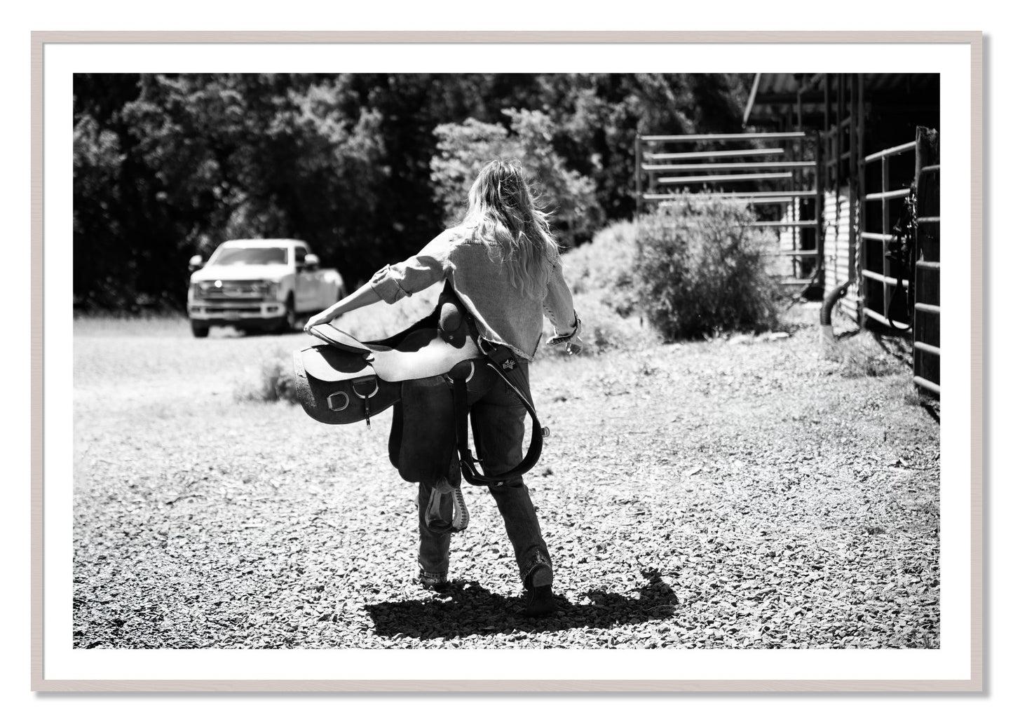 Framed photograph of Saddle Up by Dylan Ozanich, White Maple frame, Borders