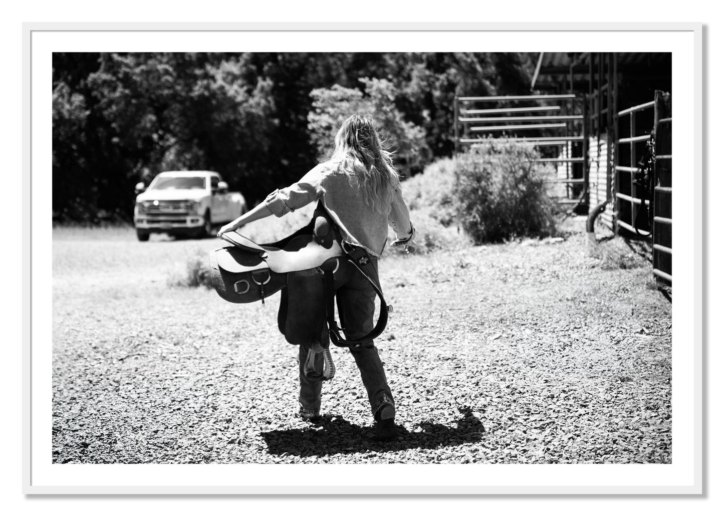 Framed photograph of Saddle Up by Dylan Ozanich, White frame, Borders