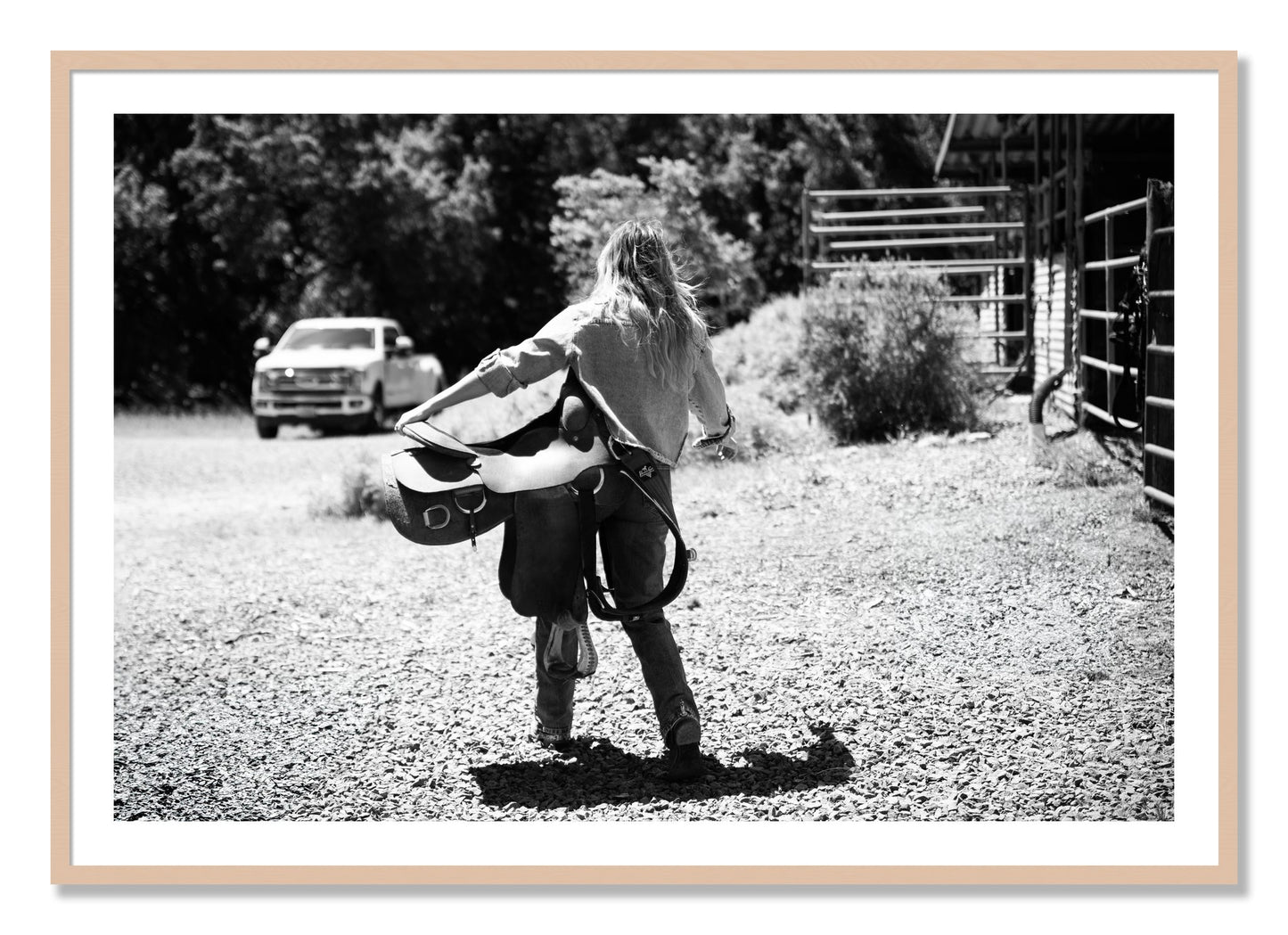 Framed photograph of Saddle Up by Dylan Ozanich, Maple frame, Borders