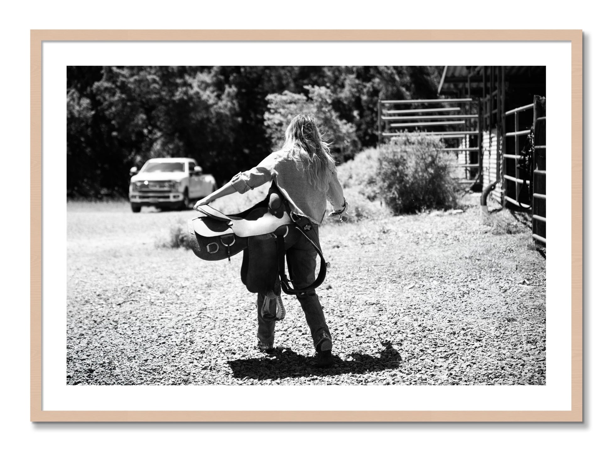 Framed photograph of Saddle Up by Dylan Ozanich, Maple frame, Borders