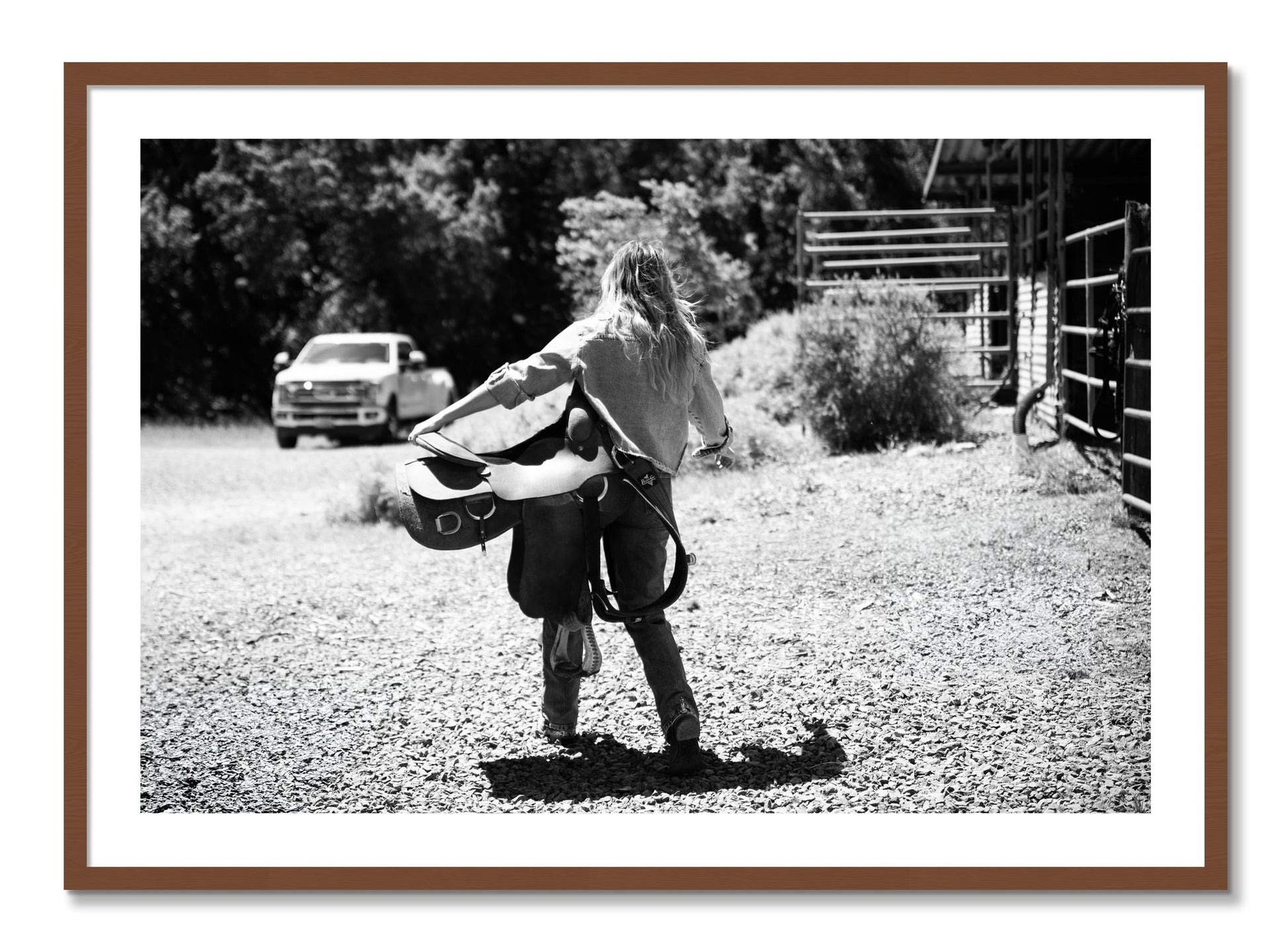 Framed photograph of Saddle Up by Dylan Ozanich, Walnut frame, Borders