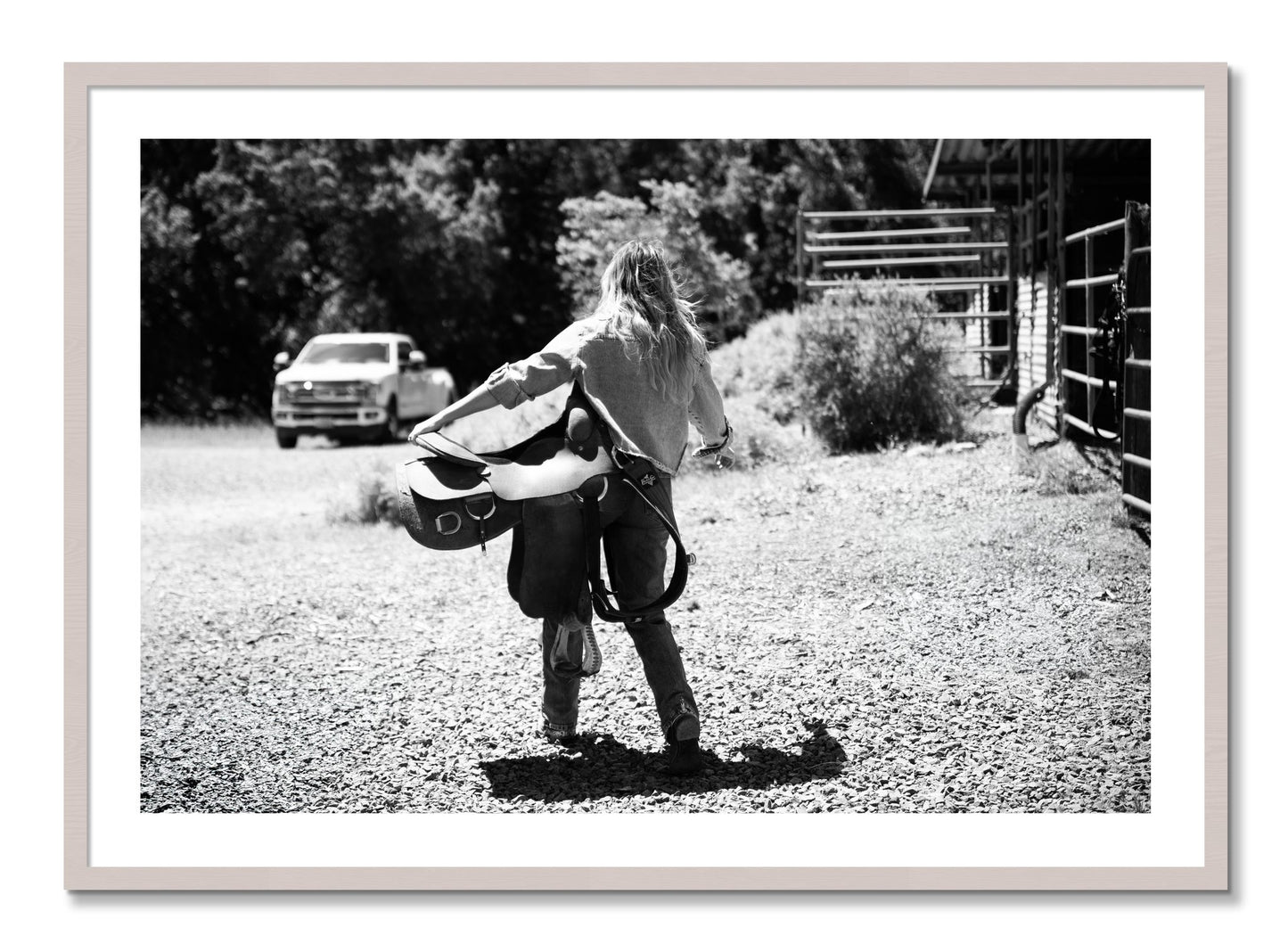 Framed photograph of Saddle Up by Dylan Ozanich, White Maple frame, Borders