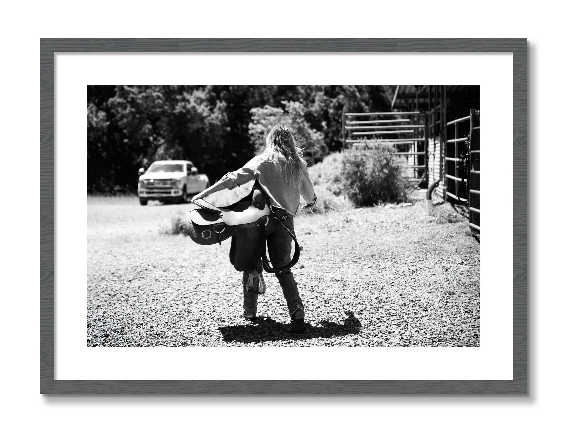 Framed photograph of Saddle Up by Dylan Ozanich, Grey frame, Borders