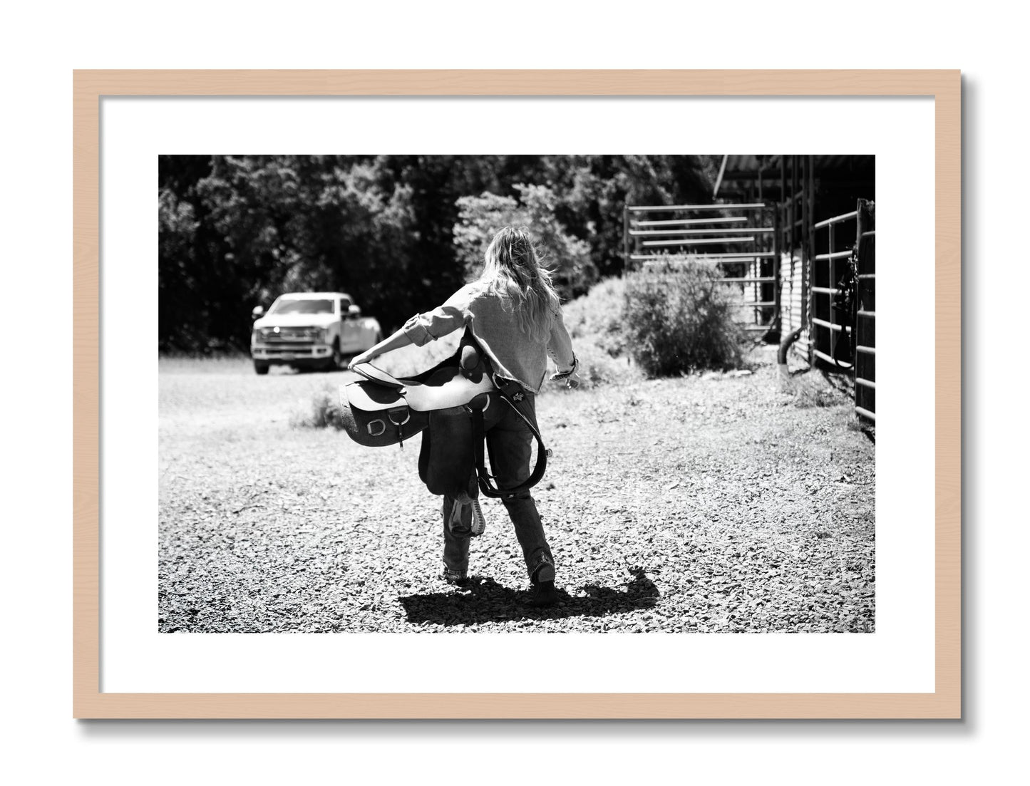 Framed photograph of Saddle Up by Dylan Ozanich, Maple frame, Borders