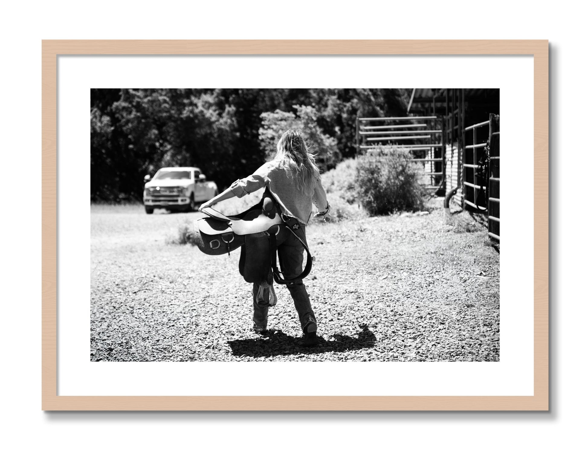 Framed photograph of Saddle Up by Dylan Ozanich, Maple frame, Borders