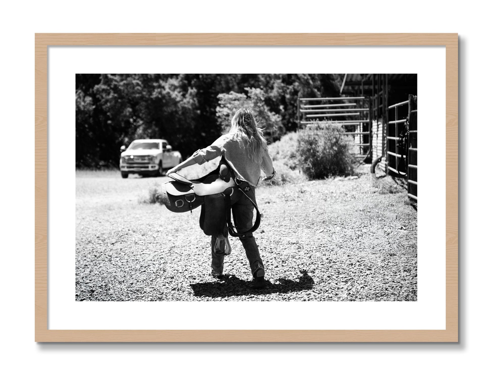 Framed photograph of Saddle Up by Dylan Ozanich, Oak frame, Borders