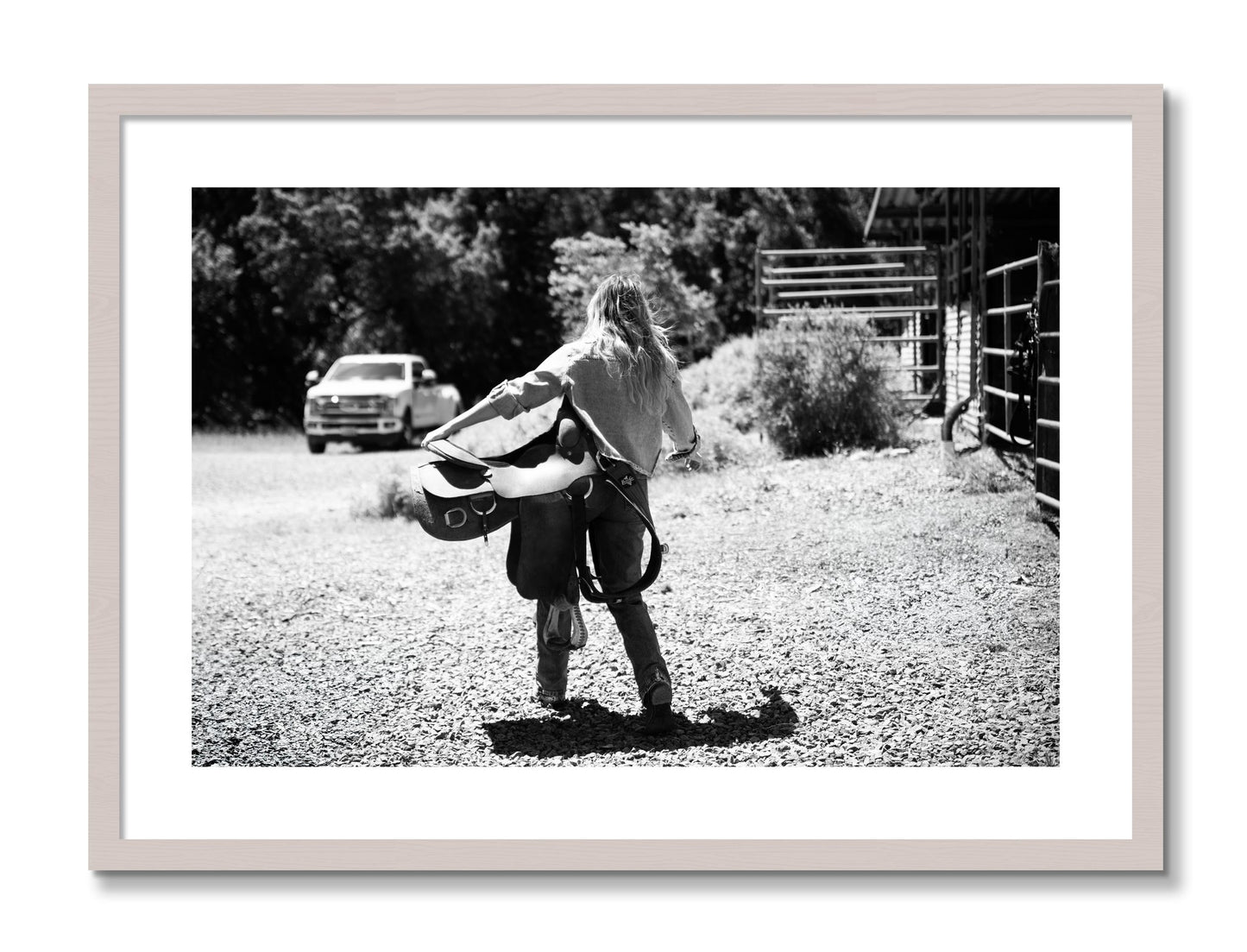 Framed photograph of Saddle Up by Dylan Ozanich, White Maple frame, Borders
