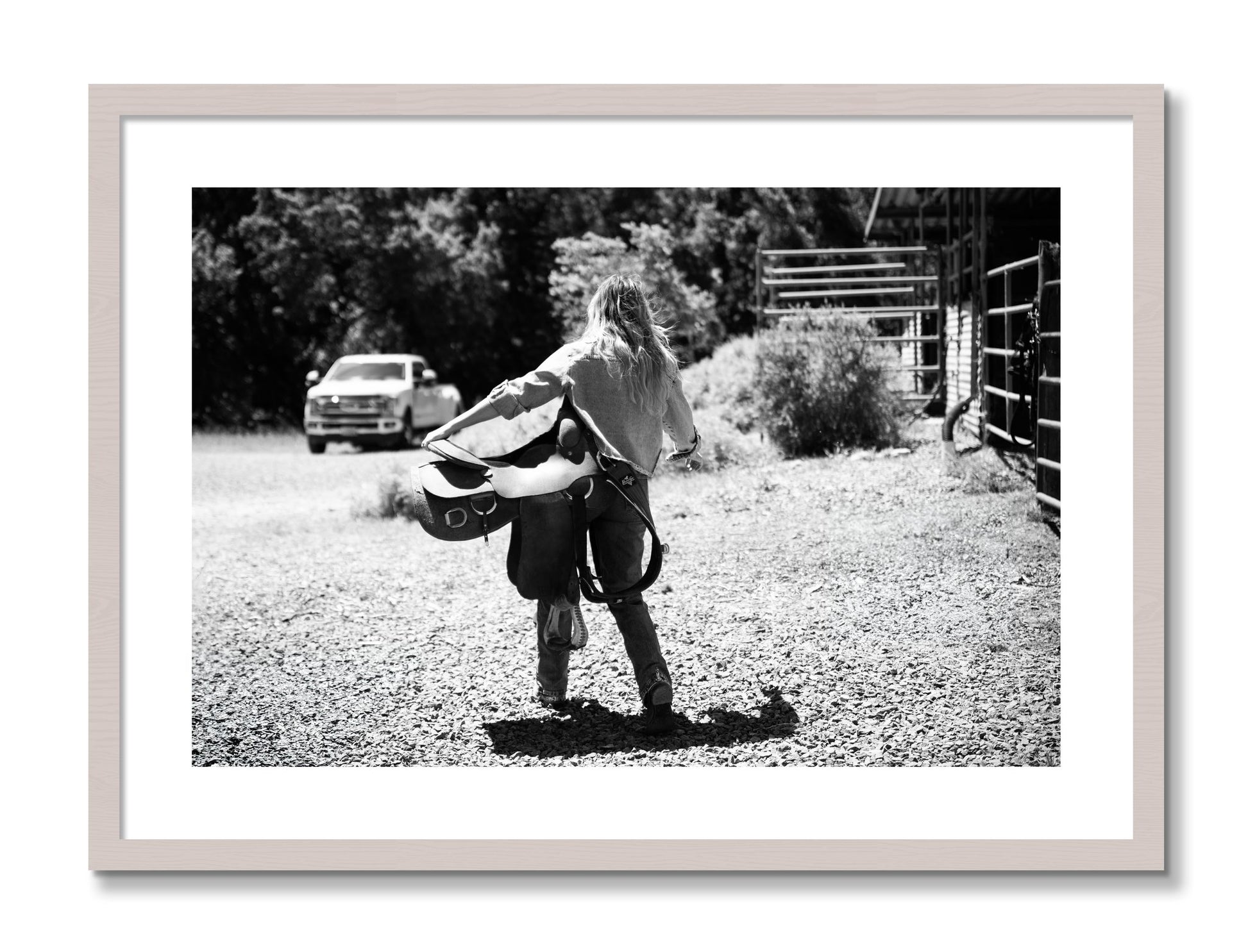 Framed photograph of Saddle Up by Dylan Ozanich, White Maple frame, Borders