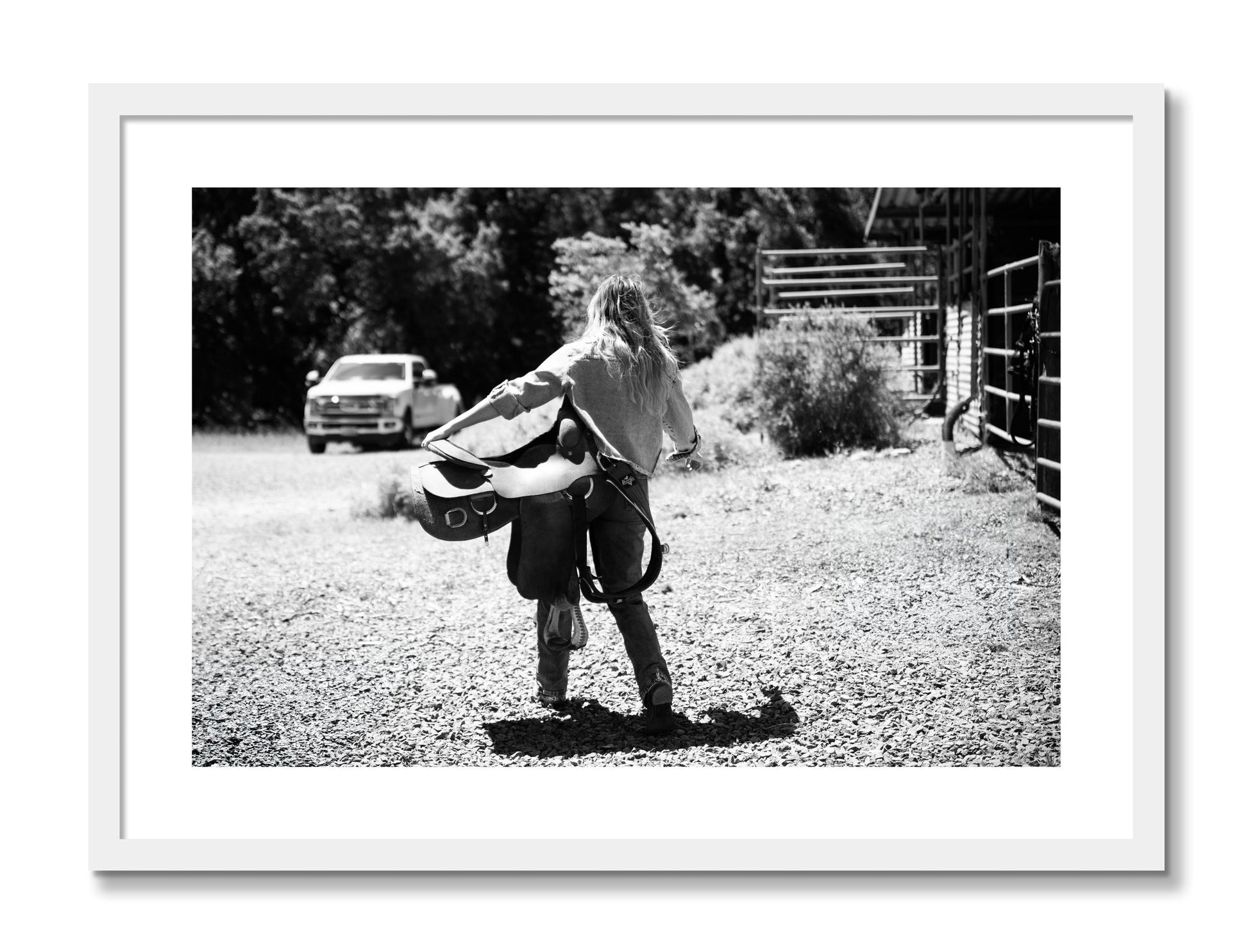 Framed photograph of Saddle Up by Dylan Ozanich, White frame, Borders